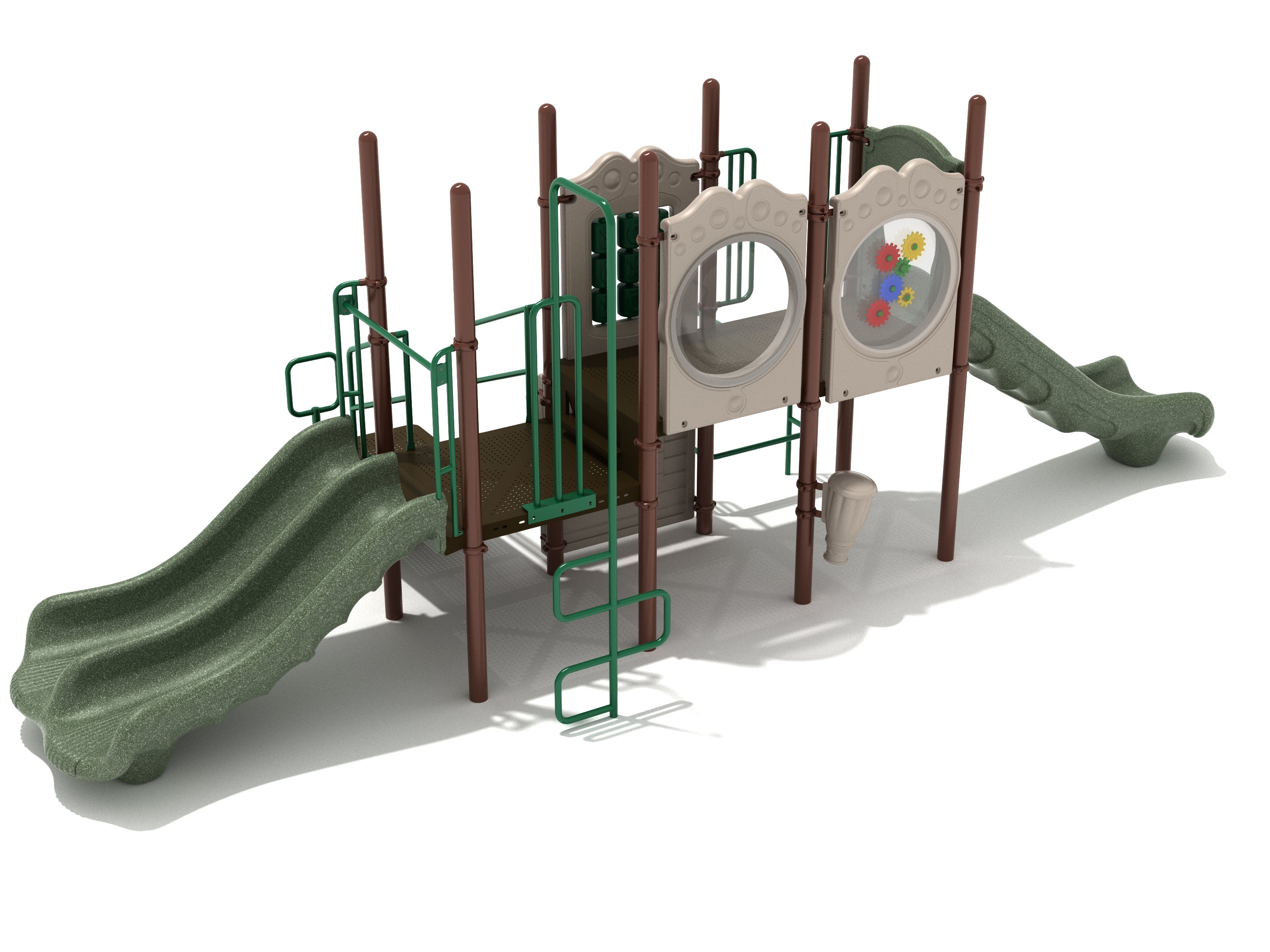 Playground structure with dual slides, climbing ladder, gear panel, tic tac toe game, and drum play features