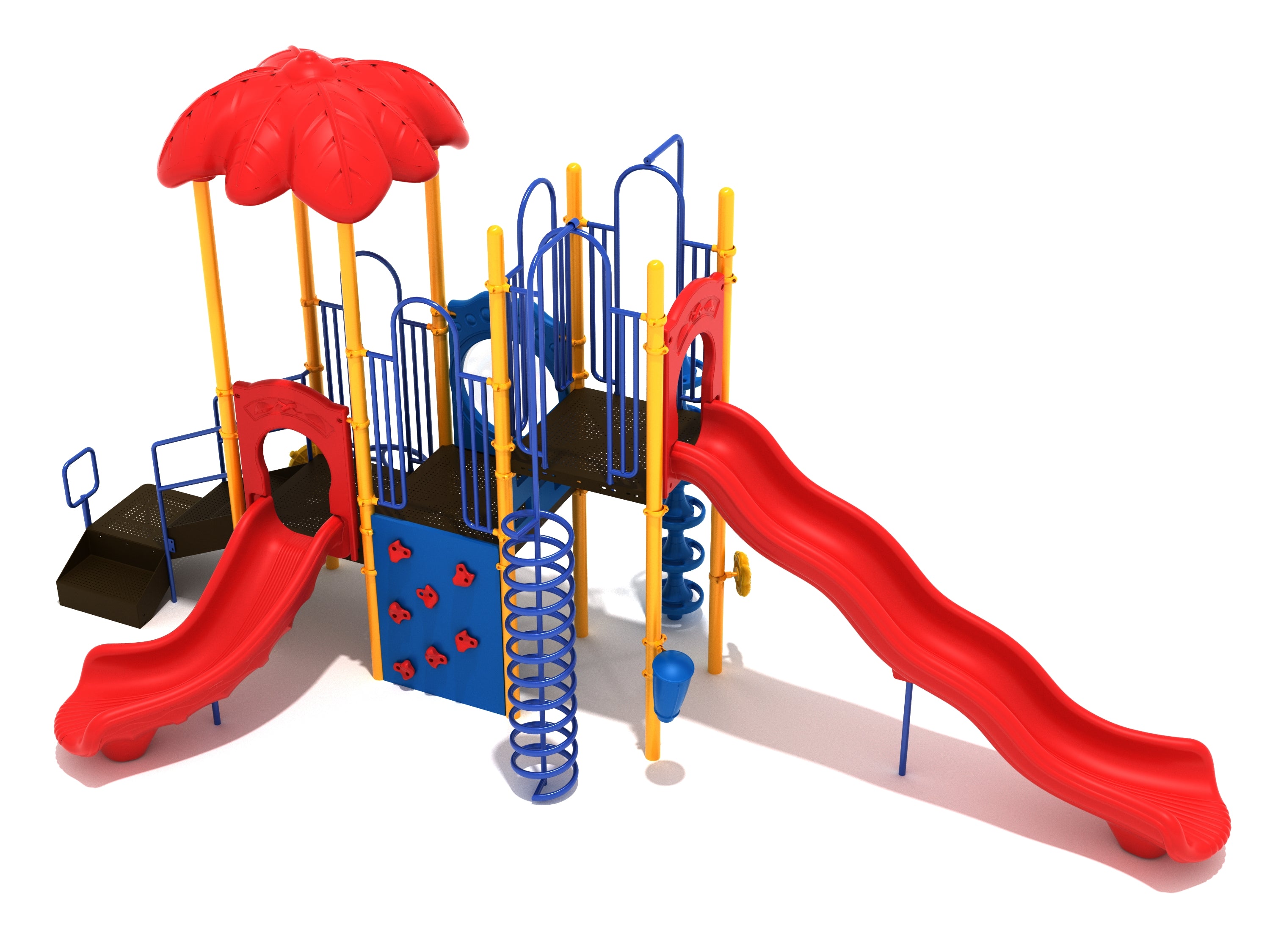 Colorful commercial playground with two red slides, spiral climber, climbing wall, bubble panel, and shaded platform