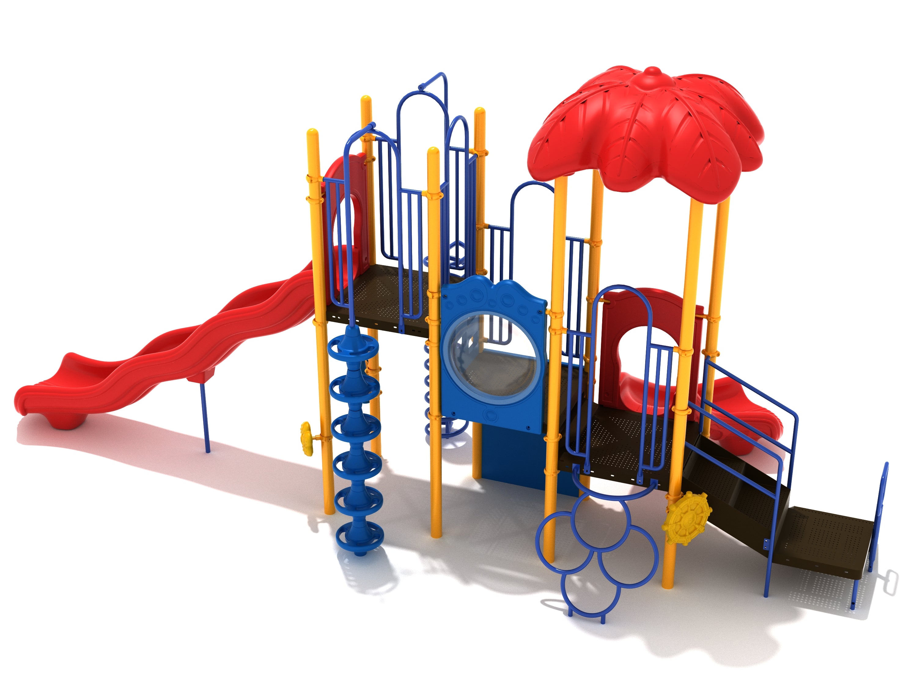 Multi-level commercial playground with red wave and right-turn slides, yellow posts, blue climbing wall, spiral climber, and red leaf canopy.