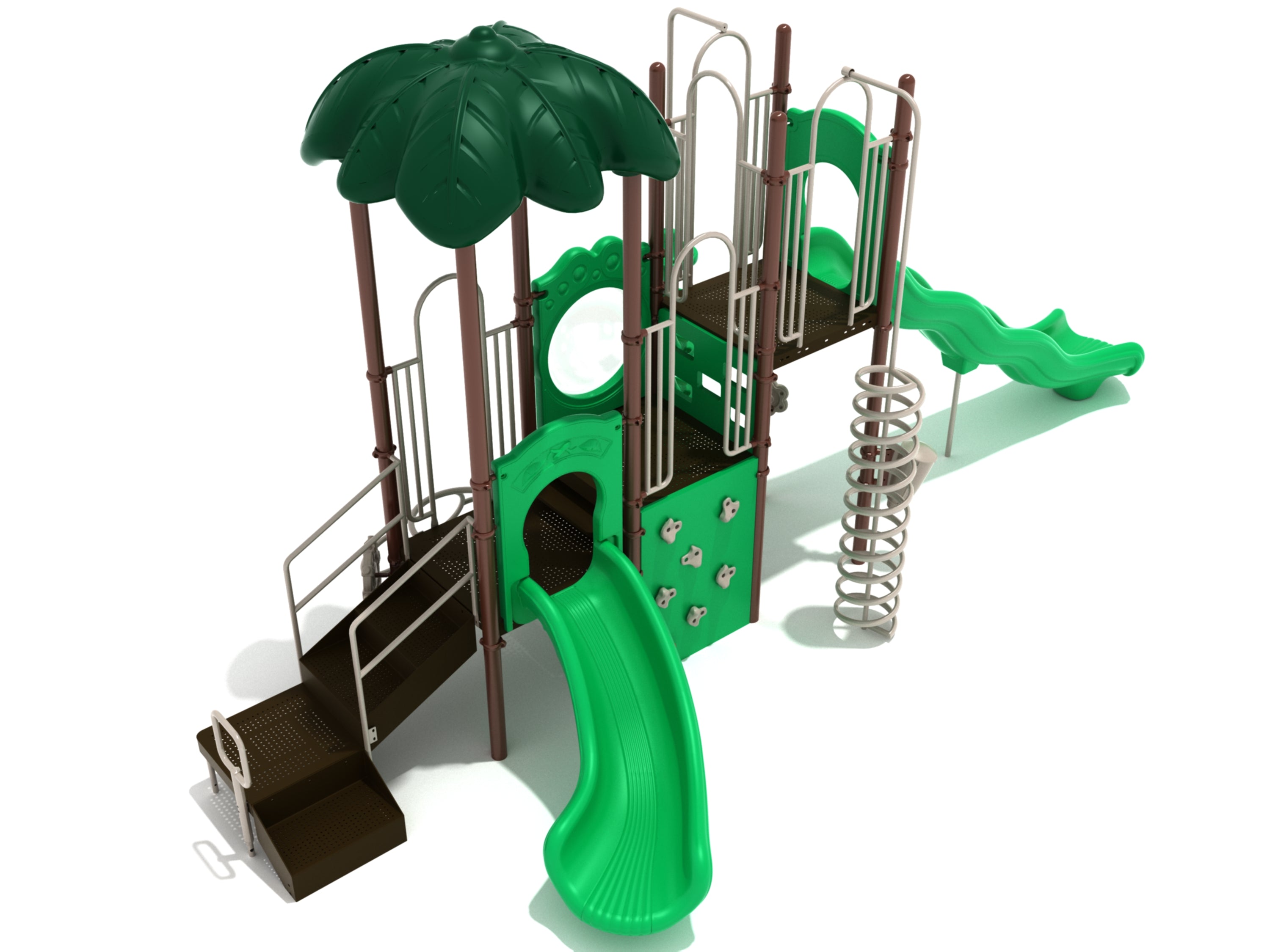 Multi-level commercial playground with green wave and right turn slides, spiral climber, climbing wall, bubble panel, and palm leaf canopy.