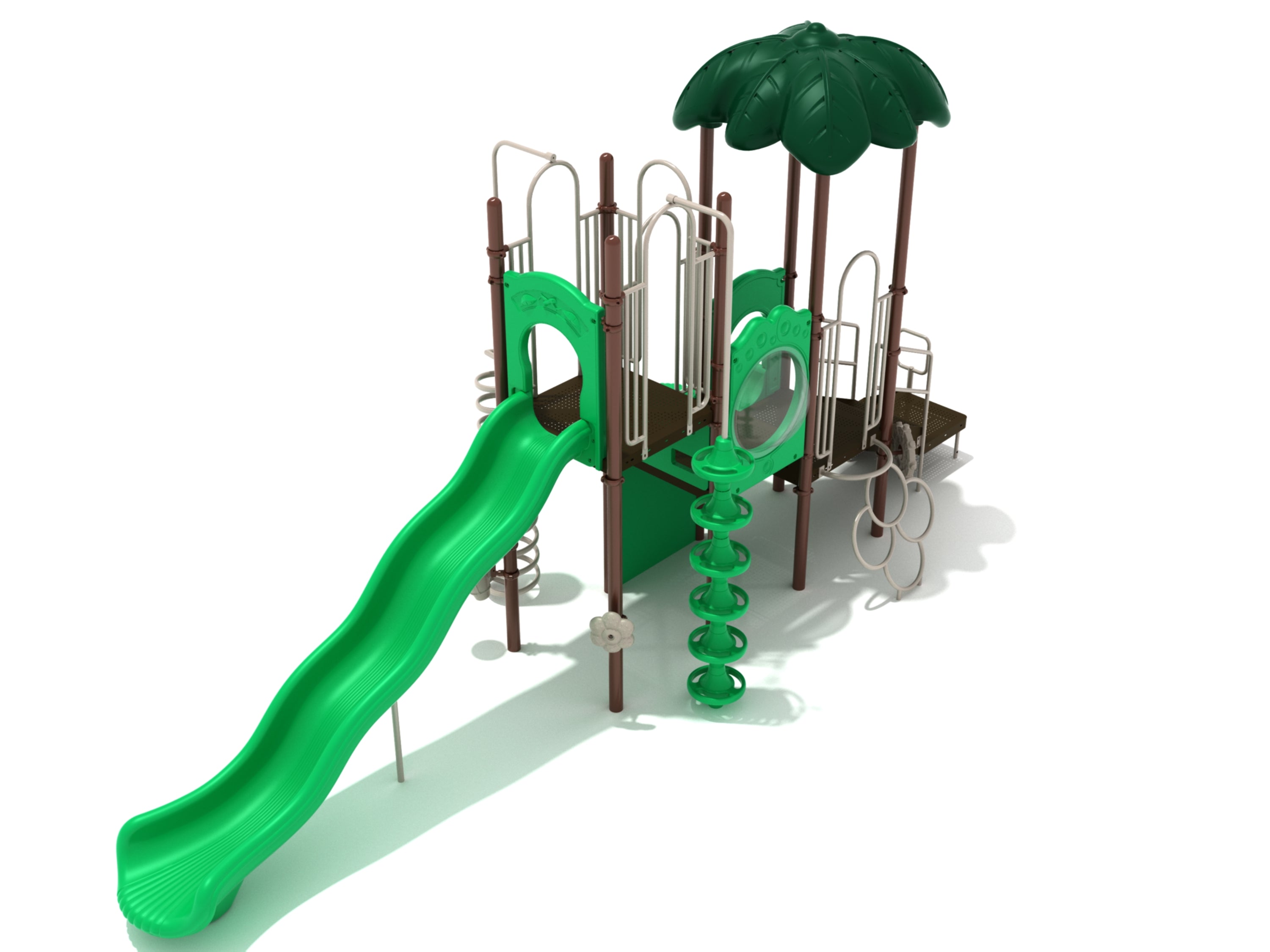 Multi-level playground structure with green wave slide, spiral climber, climbing wall, bubble panel, and leaf-shaped canopy.