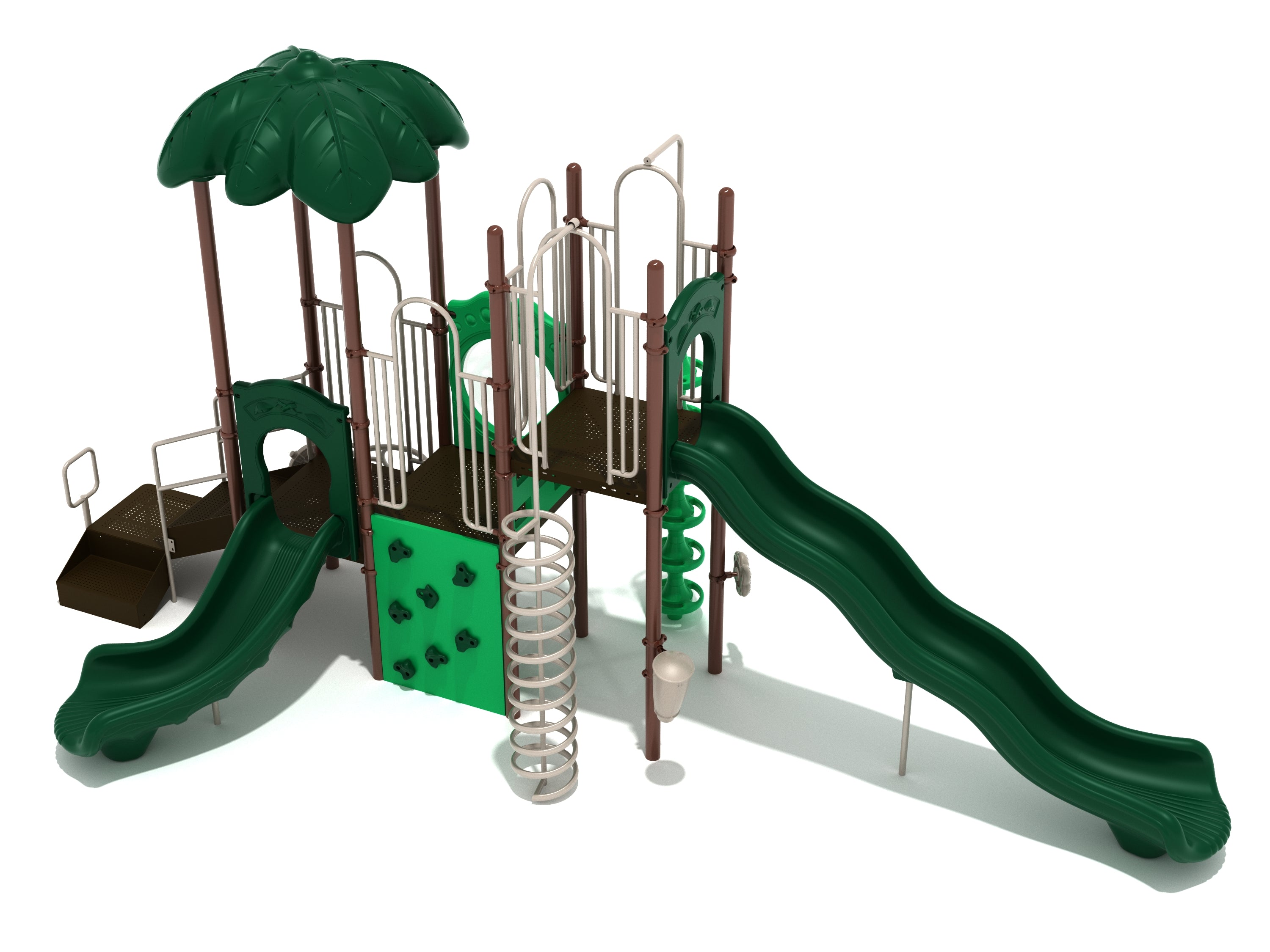Crystal River Playground with multi-tiered green slides, spiral climber, climbing wall, bubble panel, and palm leaf canopy