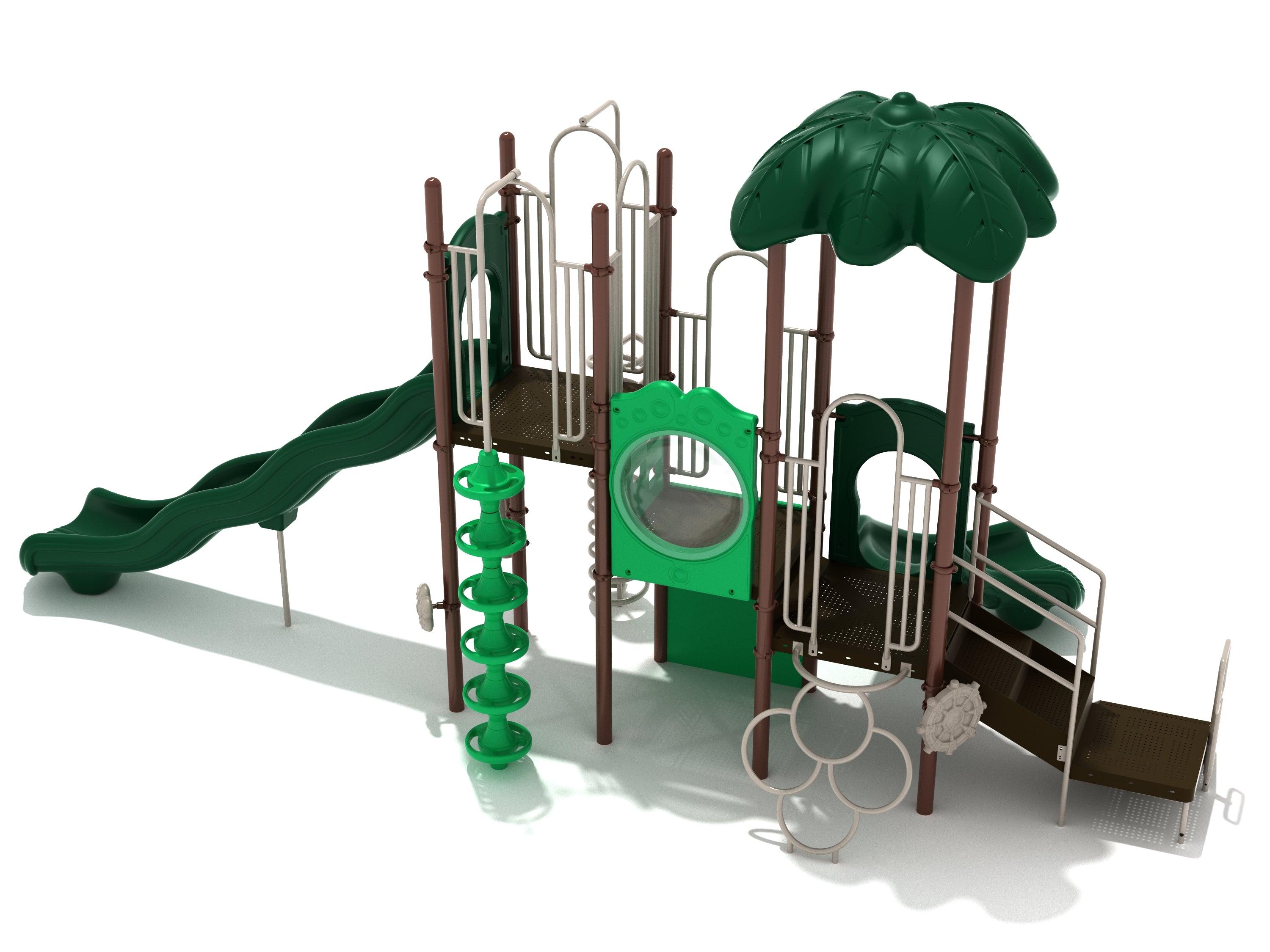 Multi-level commercial playground with green wave slide, right turn slide, spiral climber, bubble panel, and leaf canopy