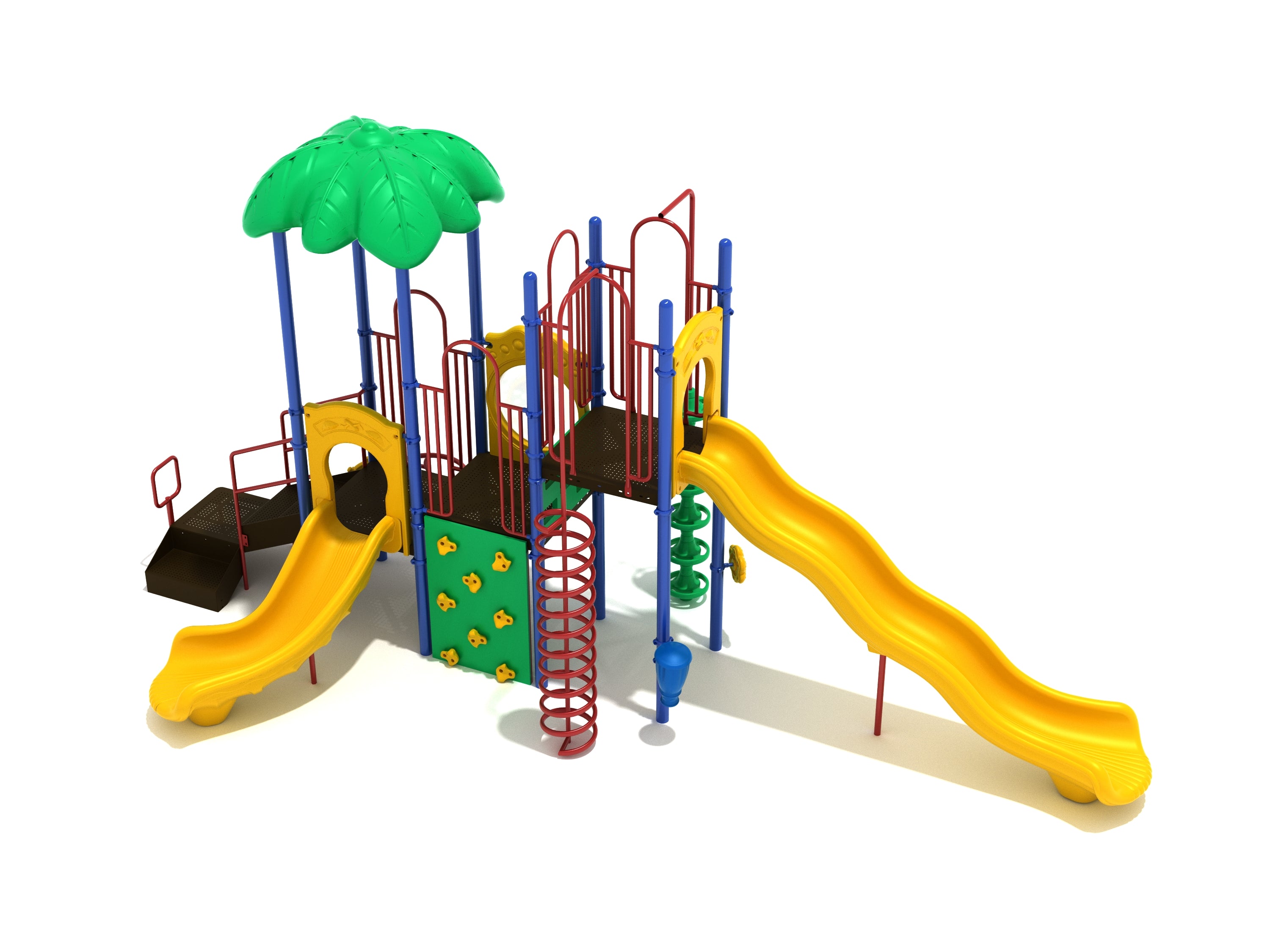 Multi-level commercial playground with yellow wave and right turn slides, spiral climber, climbing wall, bubble panel, and green leaf canopy
