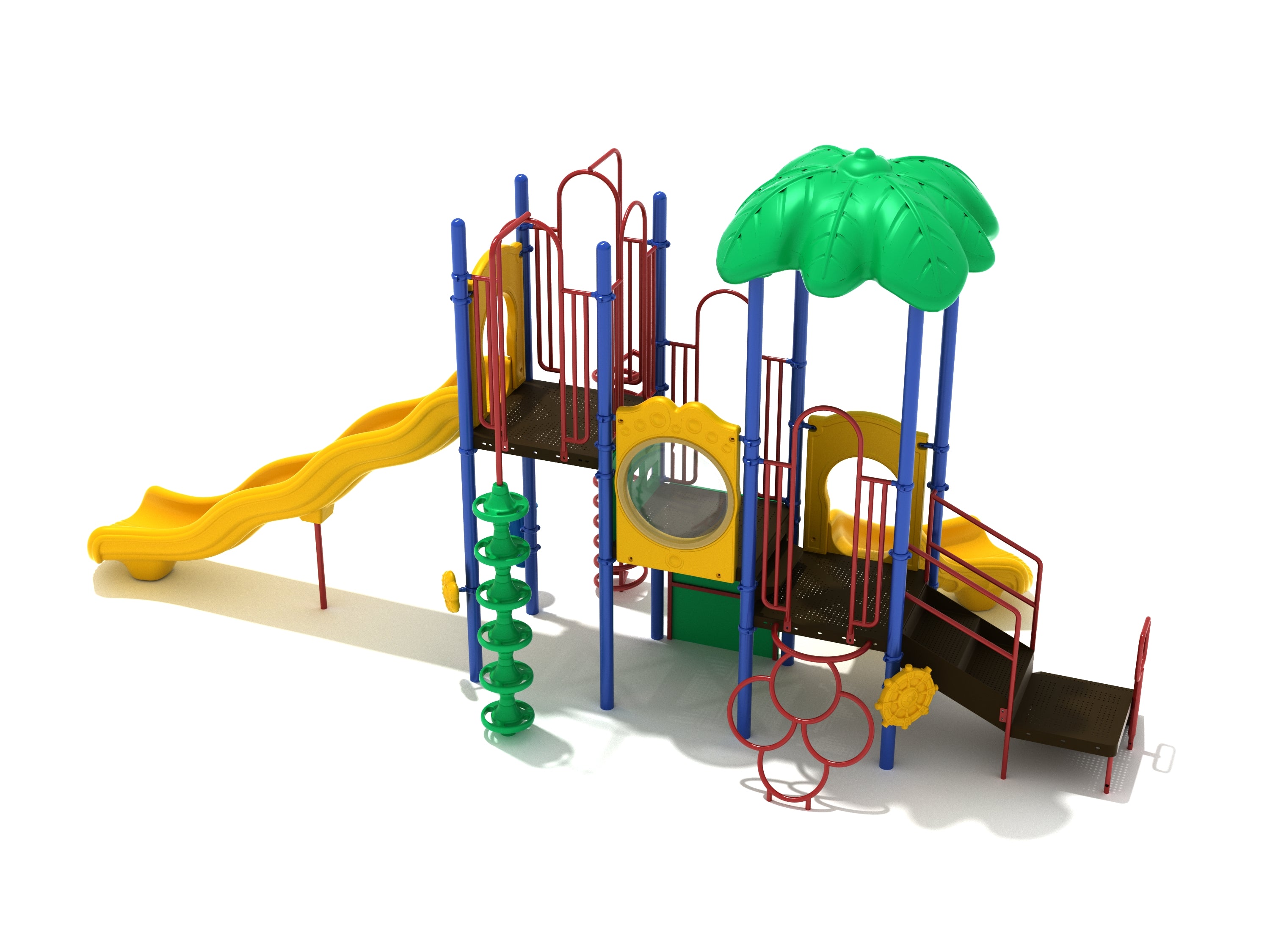 Multi-level commercial playground with yellow wave slide, green spiral climber, bubble panel, and palm leaf canopy