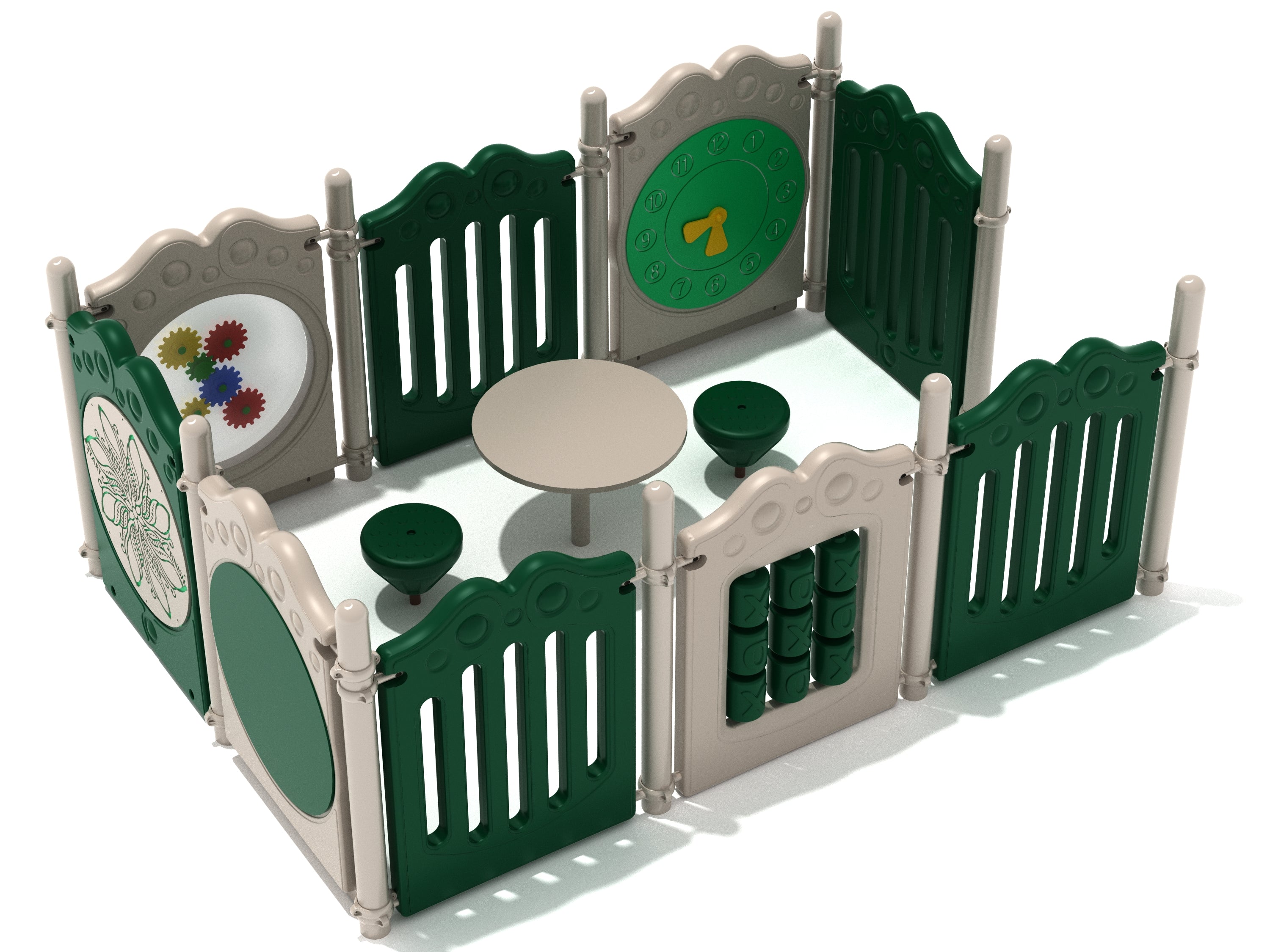Hartselle Playground with enclosed playpen, interactive maze and clock panels, circular table, and pebble seats in green and beige