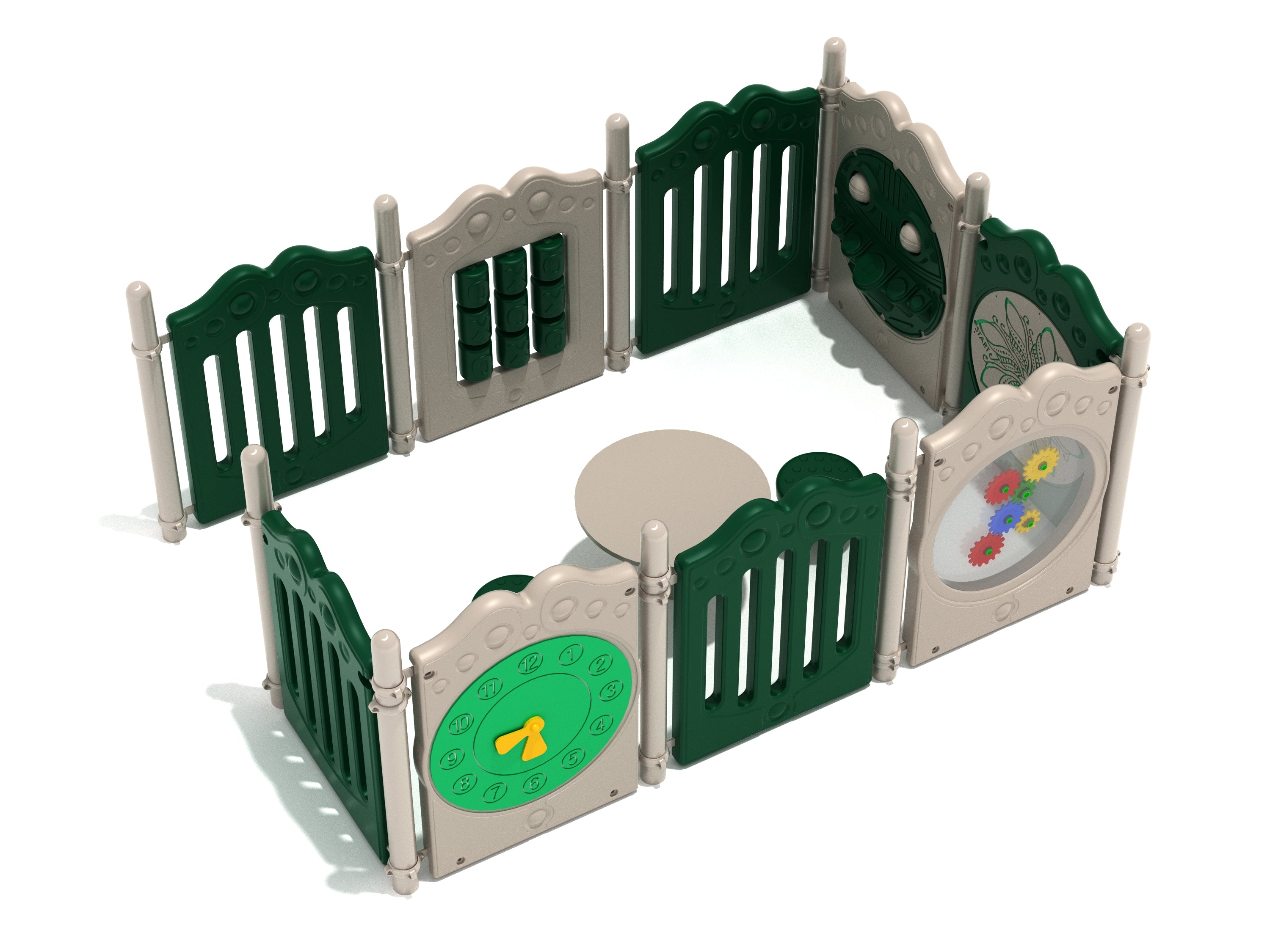 Enclosed playpen with interactive clock, maze, gears, and pebble seats around a circular table for young children’s play and learning