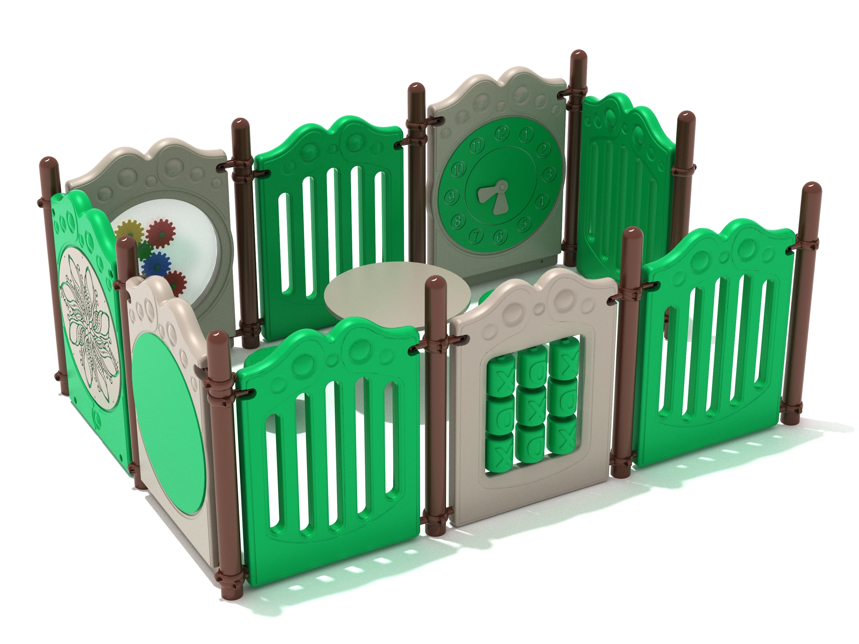 Enclosed green and beige toddler playpen with interactive clock, gears, tic-tac-toe panels, and round table with seats