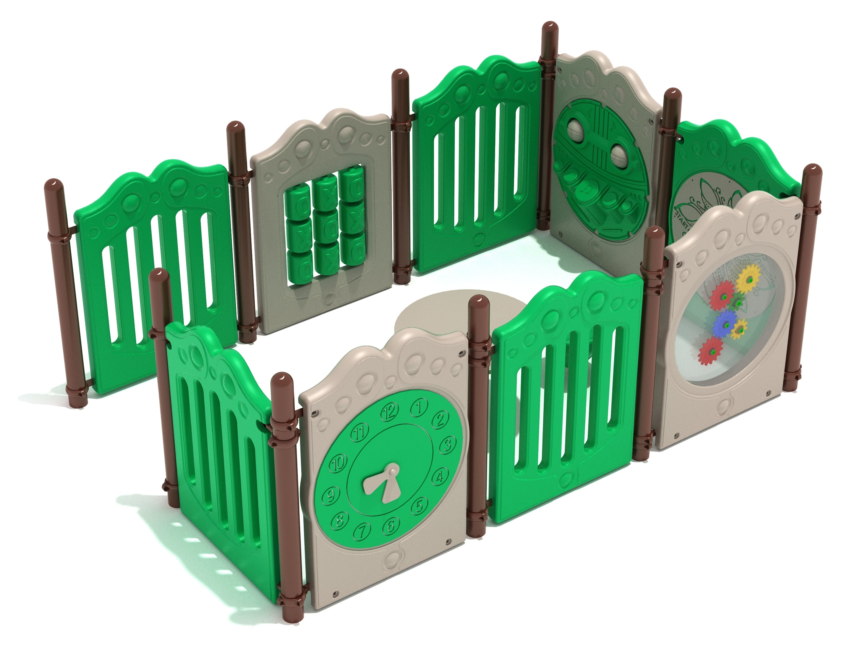 Enclosed playpen with green and beige panels featuring interactive games including a clock, gears, and tic-tac-toe for children