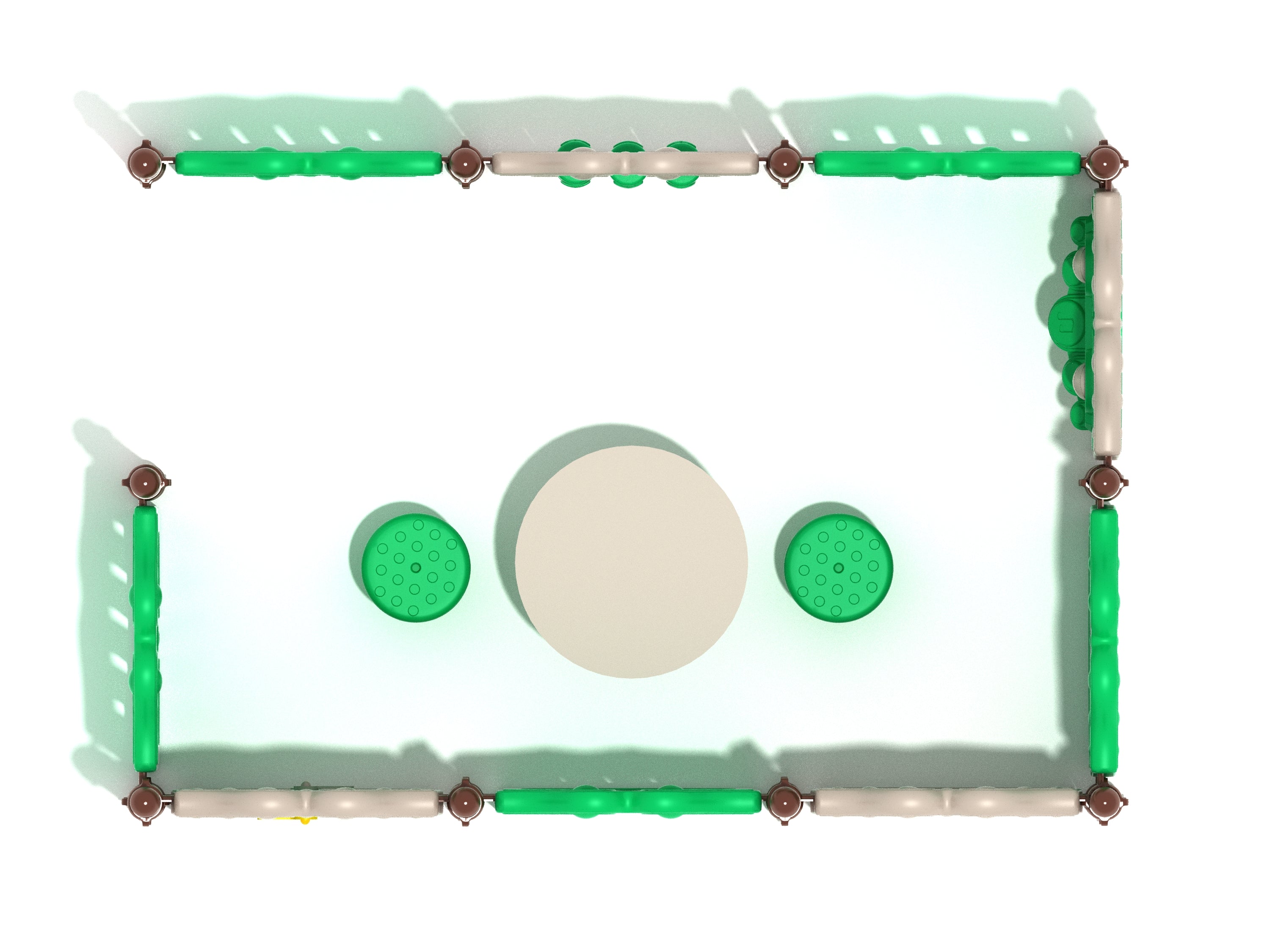 Overhead view of a rectangular enclosed playground with interactive green and beige panels, two round green seats, and a central beige table