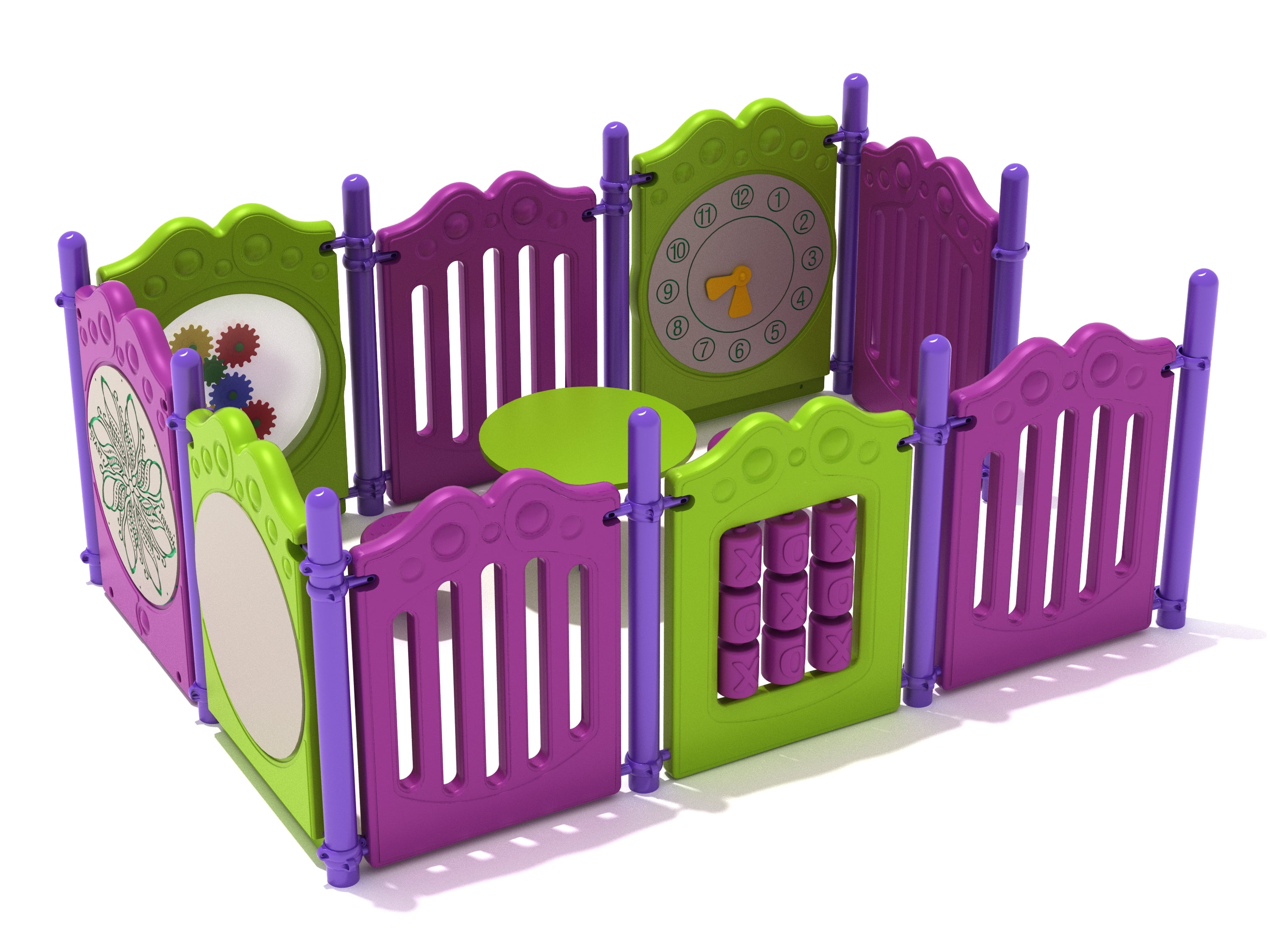 Colorful toddler playpen with interactive panels including a clock, gears, tic-tac-toe, and a round table with two seats