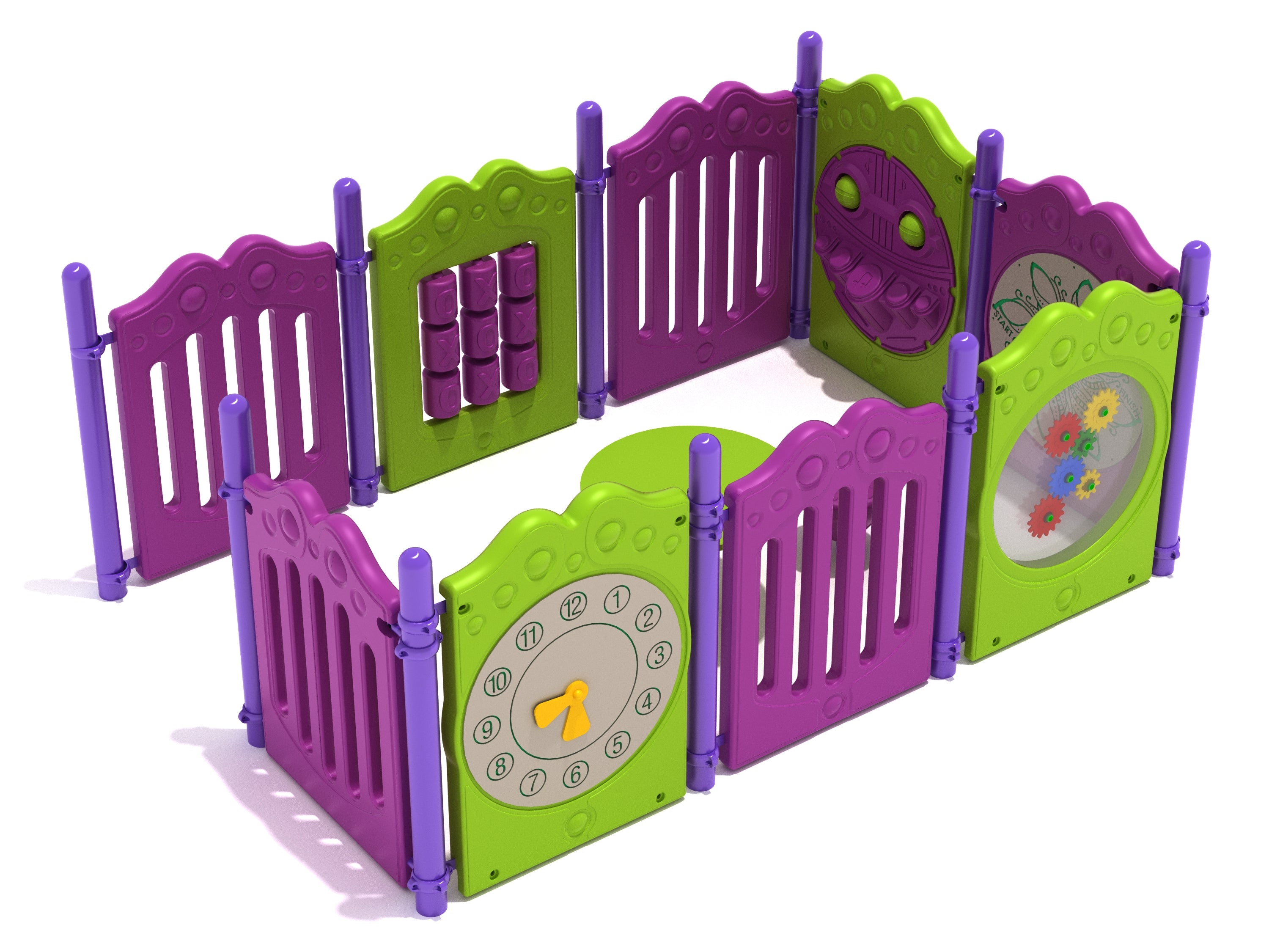 Colorful enclosed toddler playpen with interactive panels featuring a clock, gears, tic-tac-toe, and finger maze game