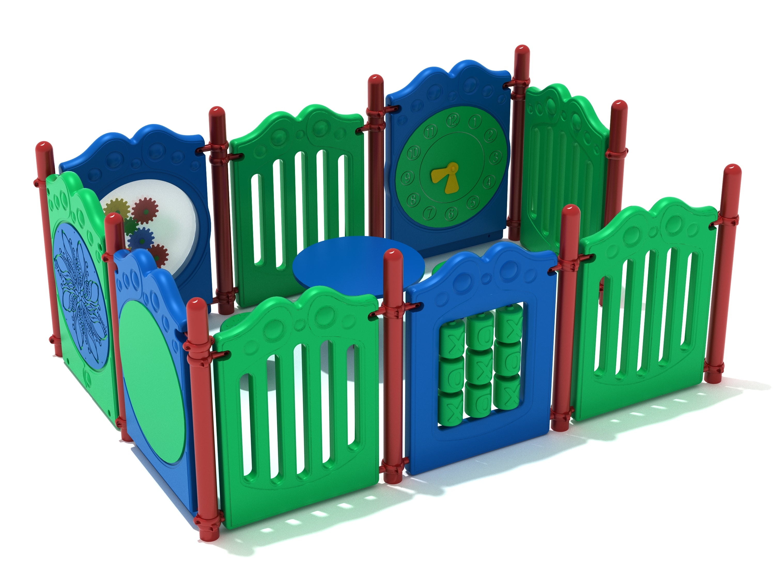 Colorful enclosed playground structure with interactive panels including a clock, gears, tic-tac-toe, and a central table with seats
