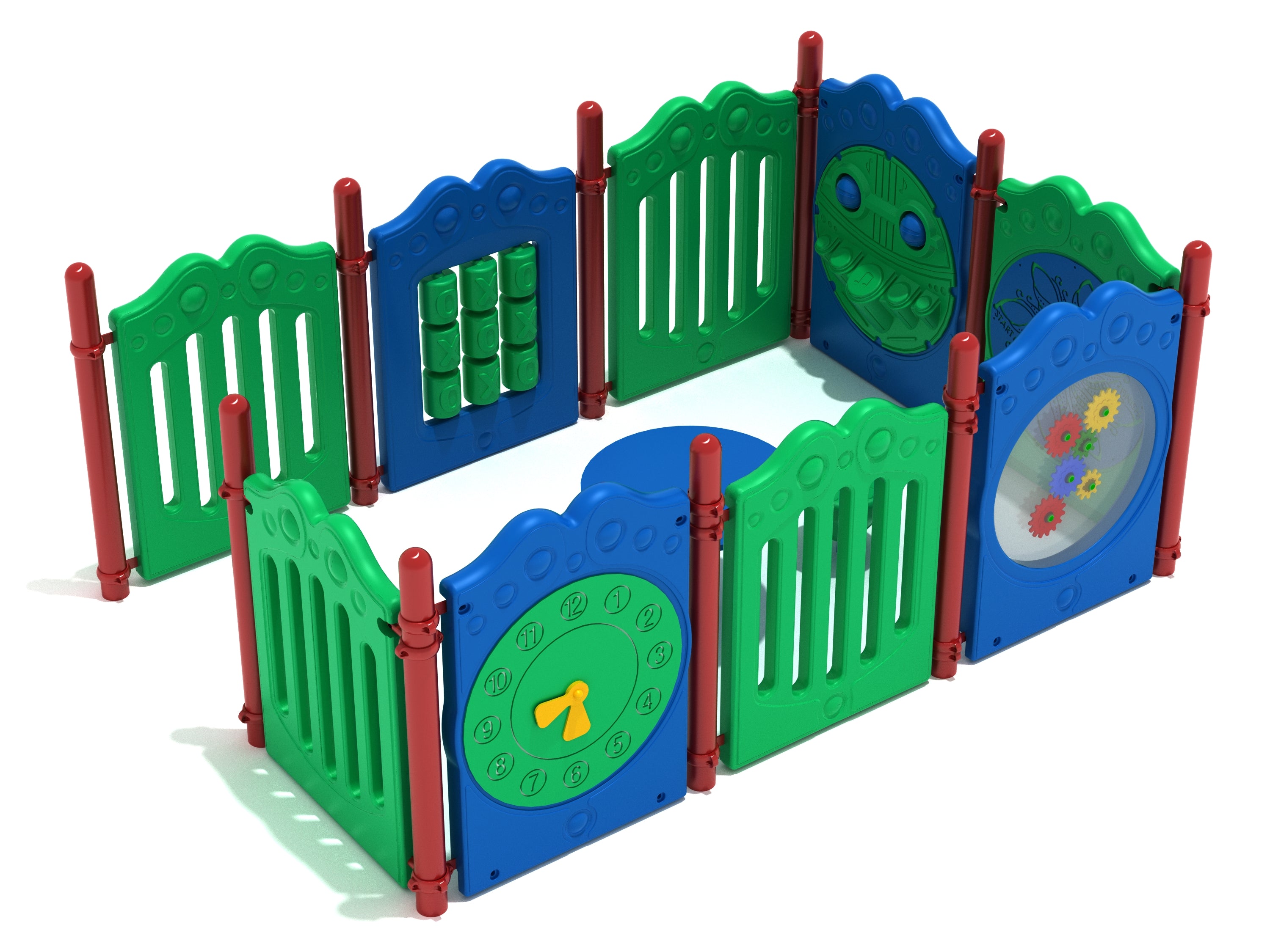 Colorful enclosed playpen with interactive panels including a clock, tic-tac-toe, gears, and maze for young children
