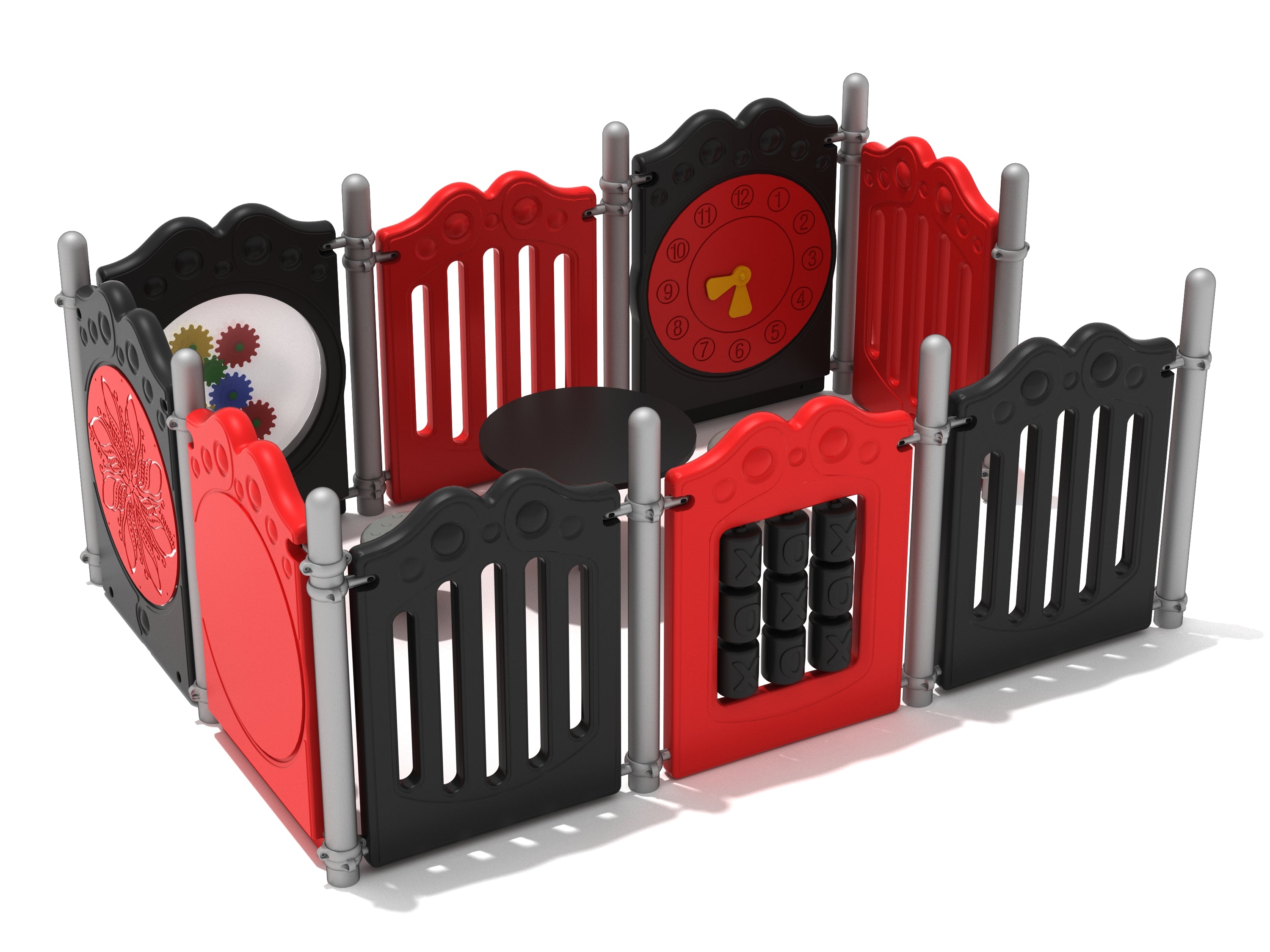 Enclosed red and black playpen with interactive panels including a clock, gears, maze, and tic-tac-toe blocks surrounding a central table with pebble seats