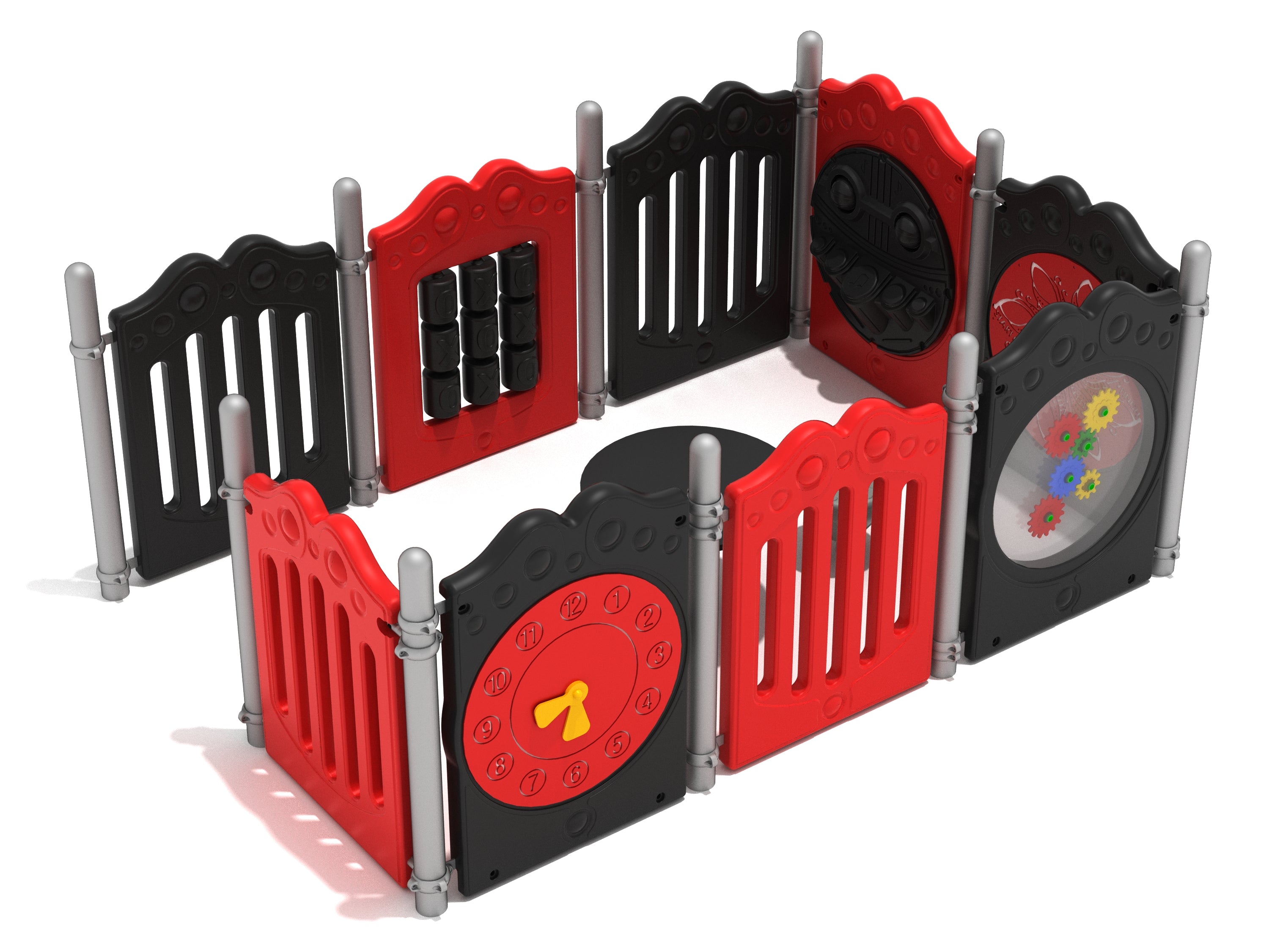 Red and black enclosed playpen with interactive panels featuring a clock, maze, gears, and tic-tac-toe for young children