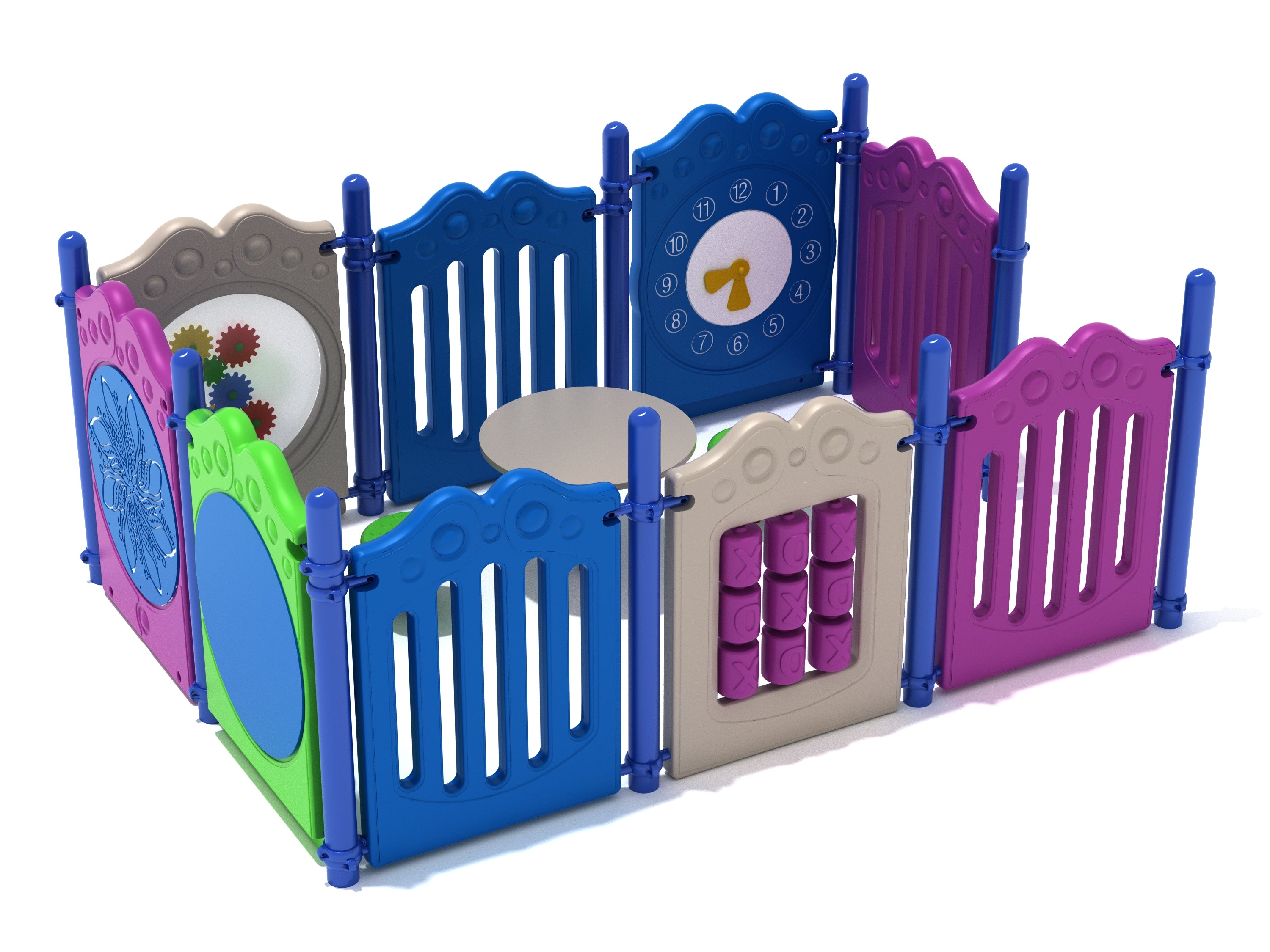 Colorful enclosed playpen with interactive panels including a clock, tic-tac-toe, gears, and a circular table with seats.