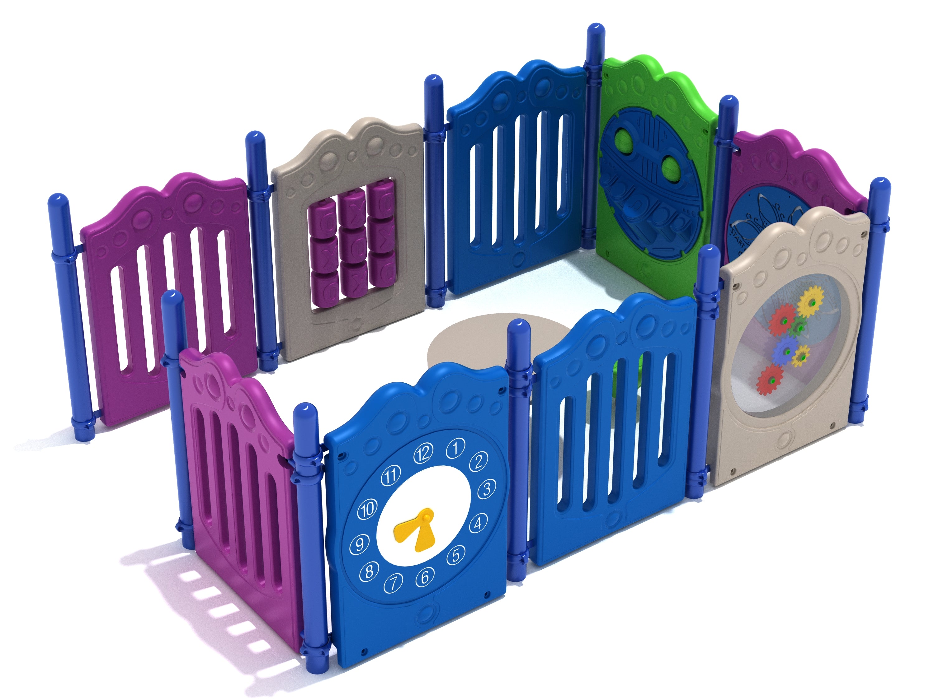 Colorful enclosed toddler playpen with interactive panels featuring a clock face, tic-tac-toe, gears, and maze game