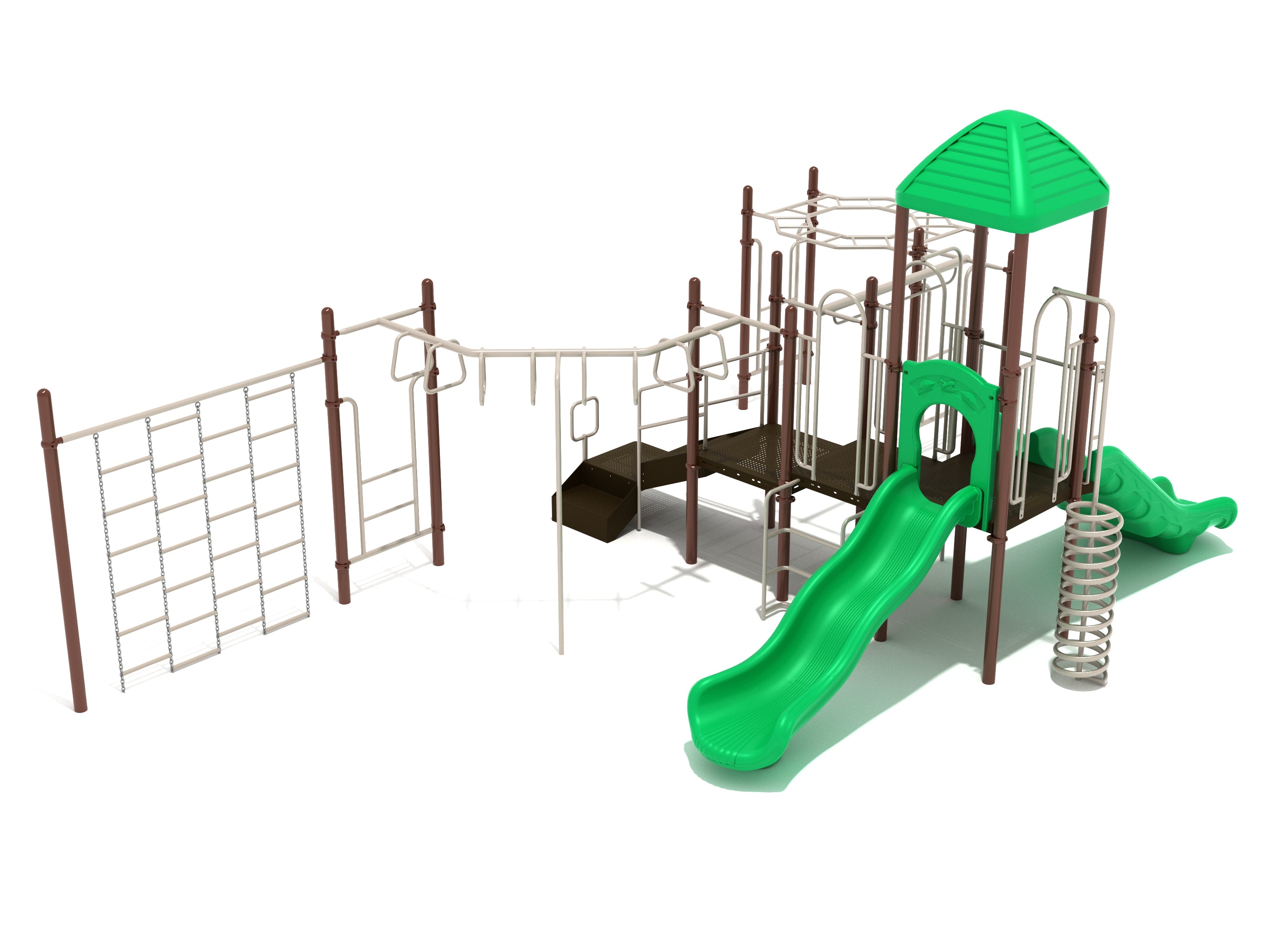 New Glarus Playground with green double slide, spiral climber, trapezoid loop ladder, and multiple climbing structures