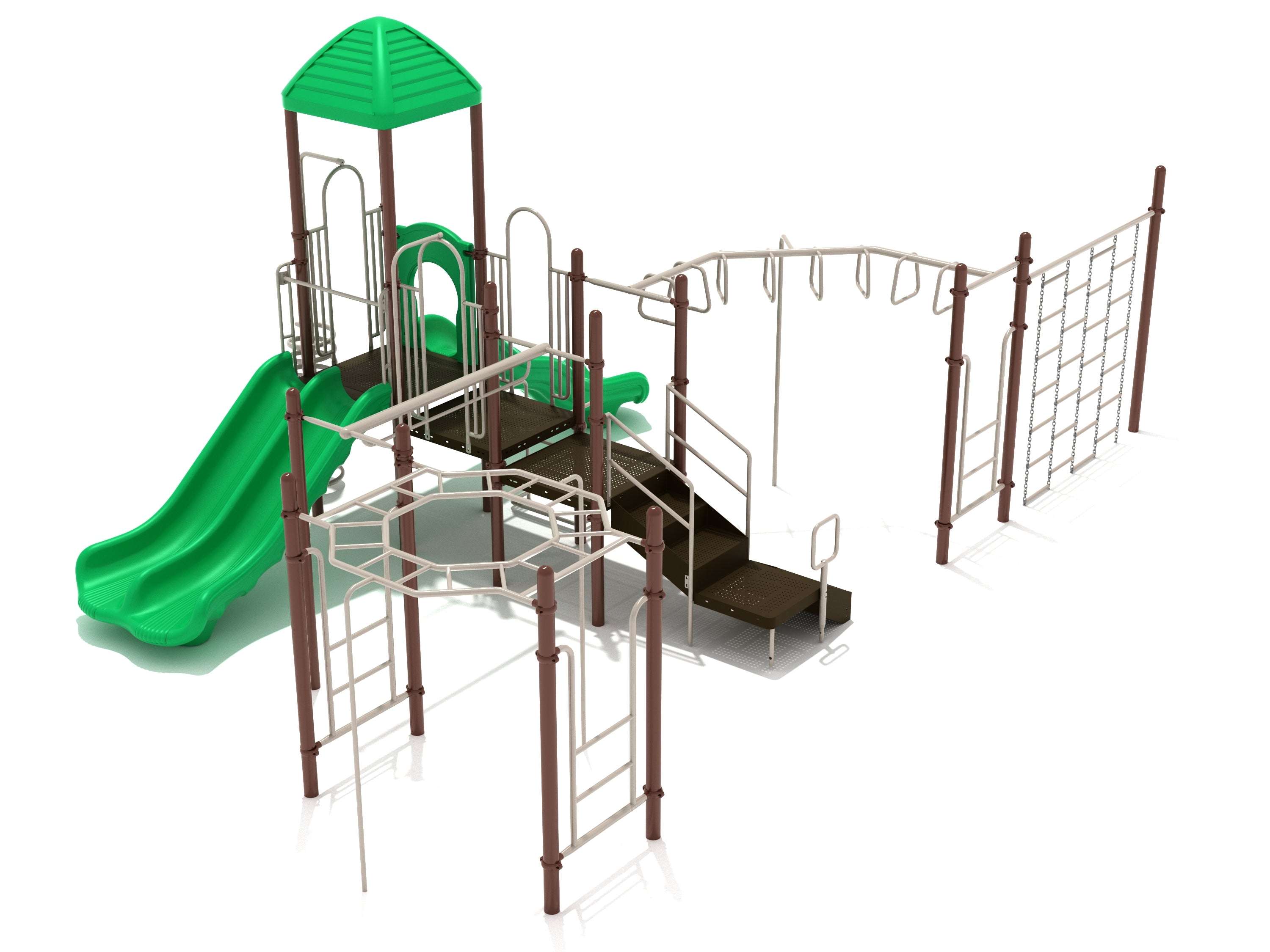 Playground structure with green double slide, brown posts, climbing ladders, monkey bars, and green roof canopy