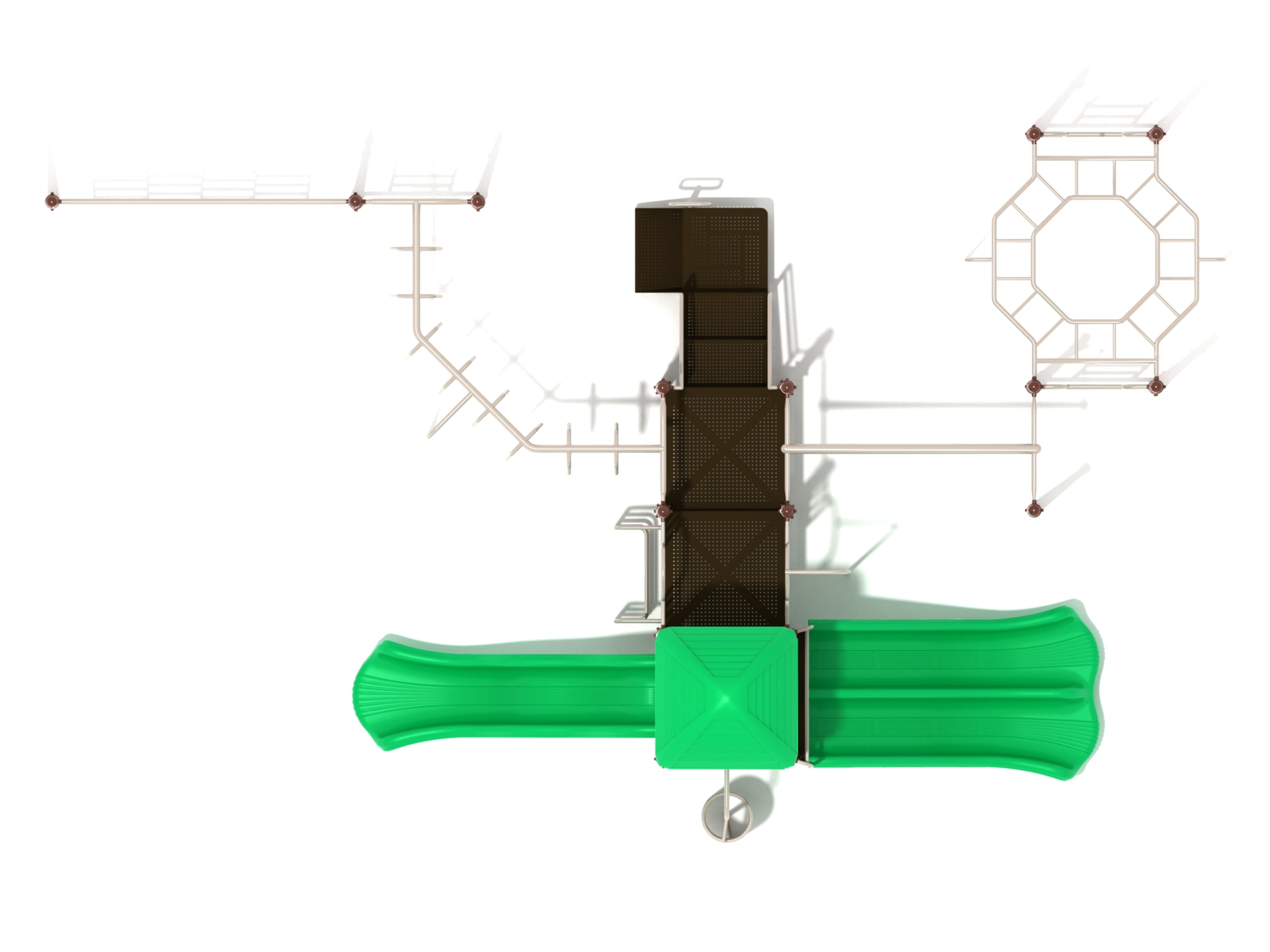 Overhead view of a large playground structure with green double slides, multiple climbing ladders, and interconnected platforms