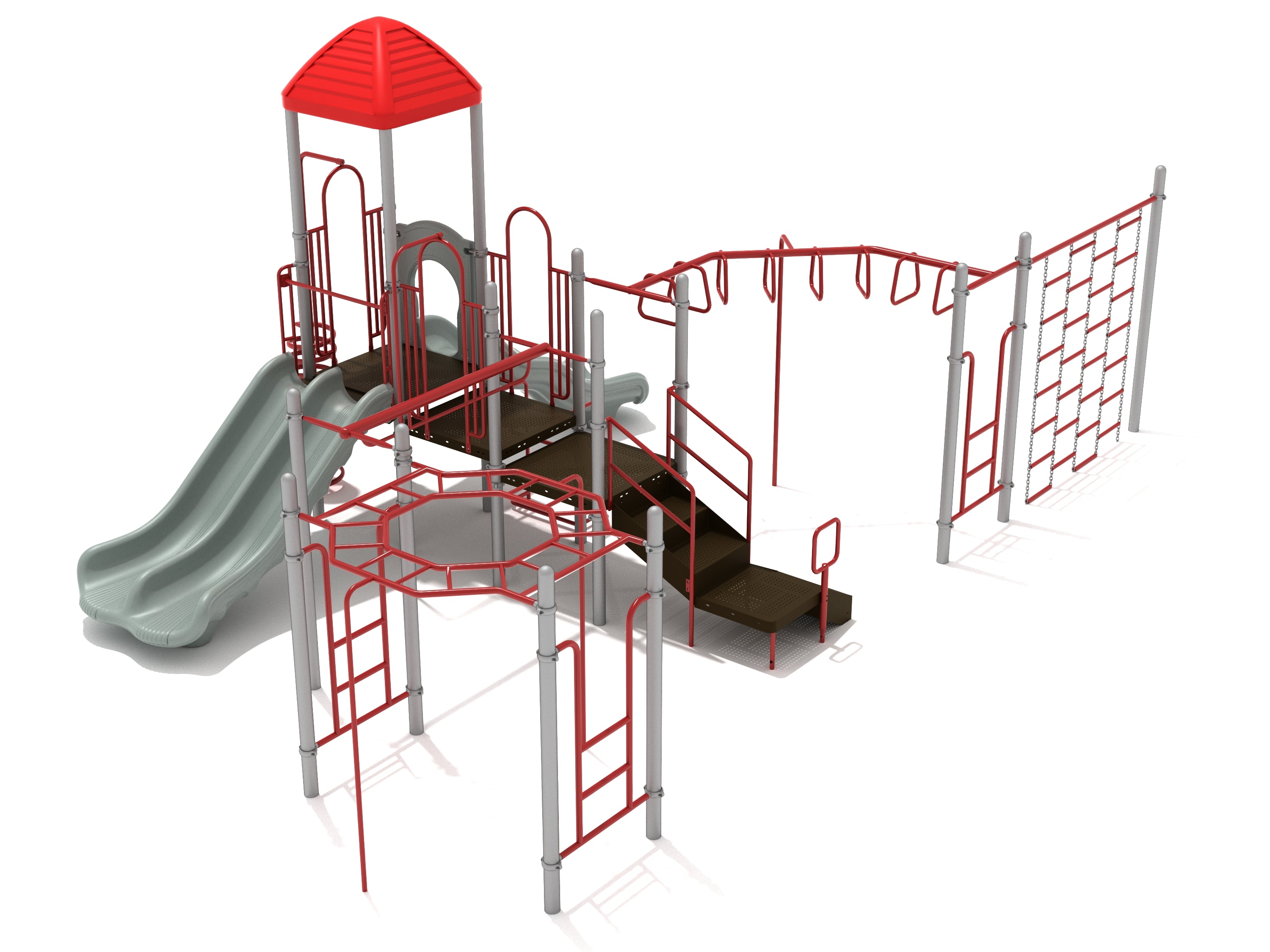 Large playground structure with red and gray climbing frames, slides, ladders, monkey bars for active play and coordination development