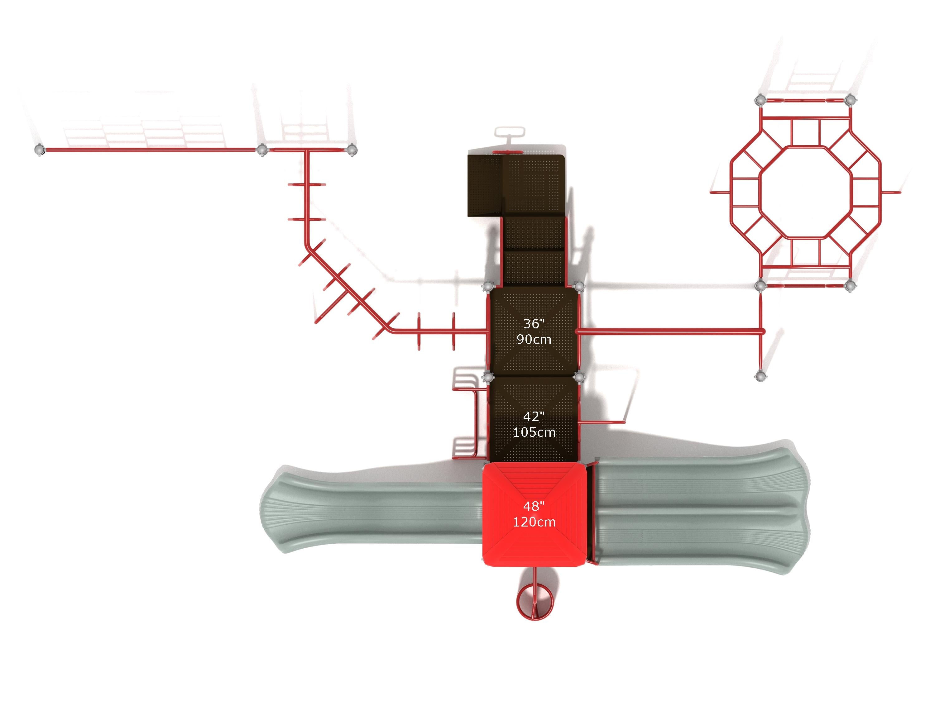 Overhead view of a large playground structure with multiple climbing elements, horizontal ladders, spiral climber, and dual red and gray slides