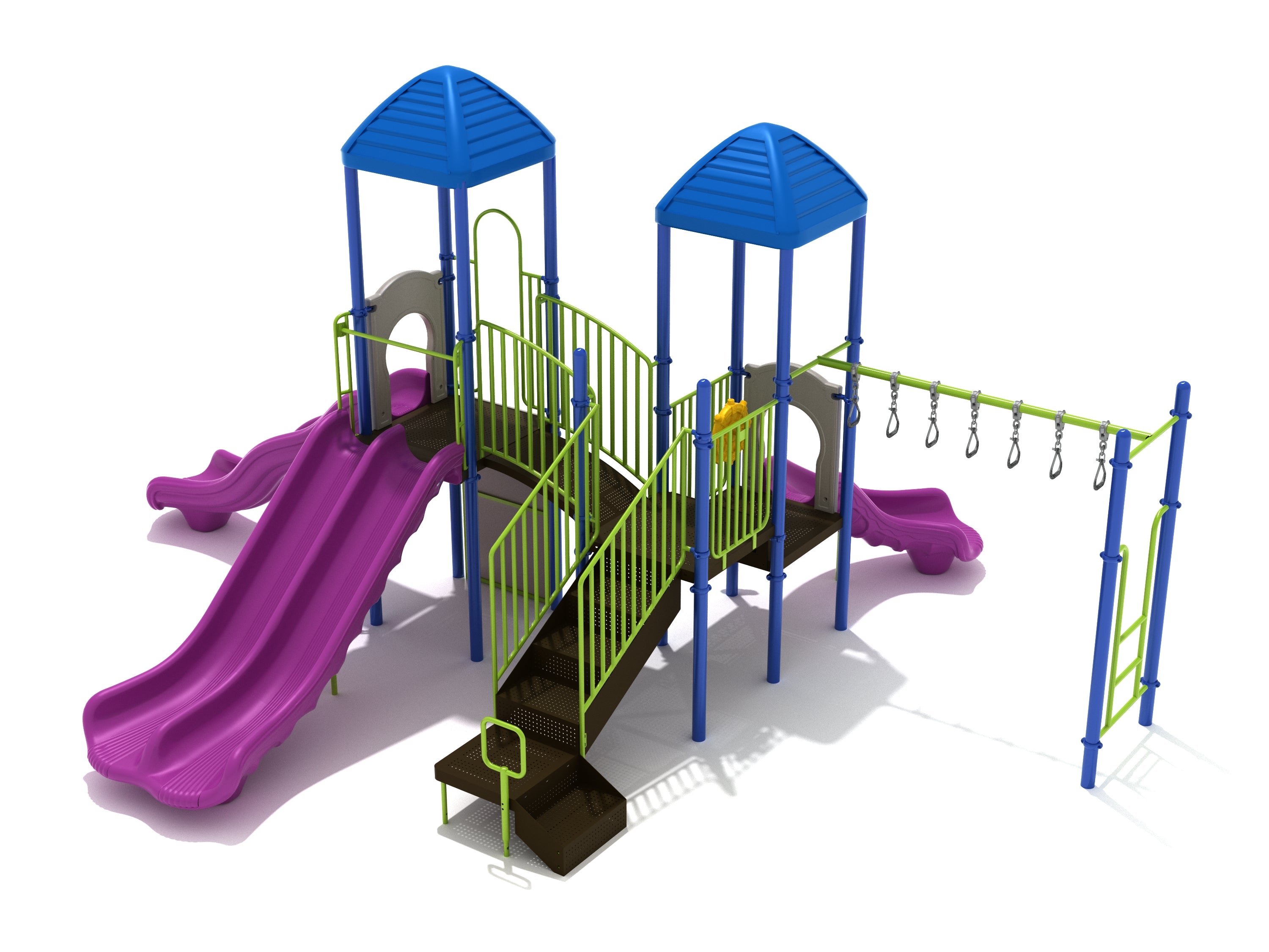 Compact playground with two blue-roofed towers, three purple slides, green railings, overhead swinging ladder, and climbing features.