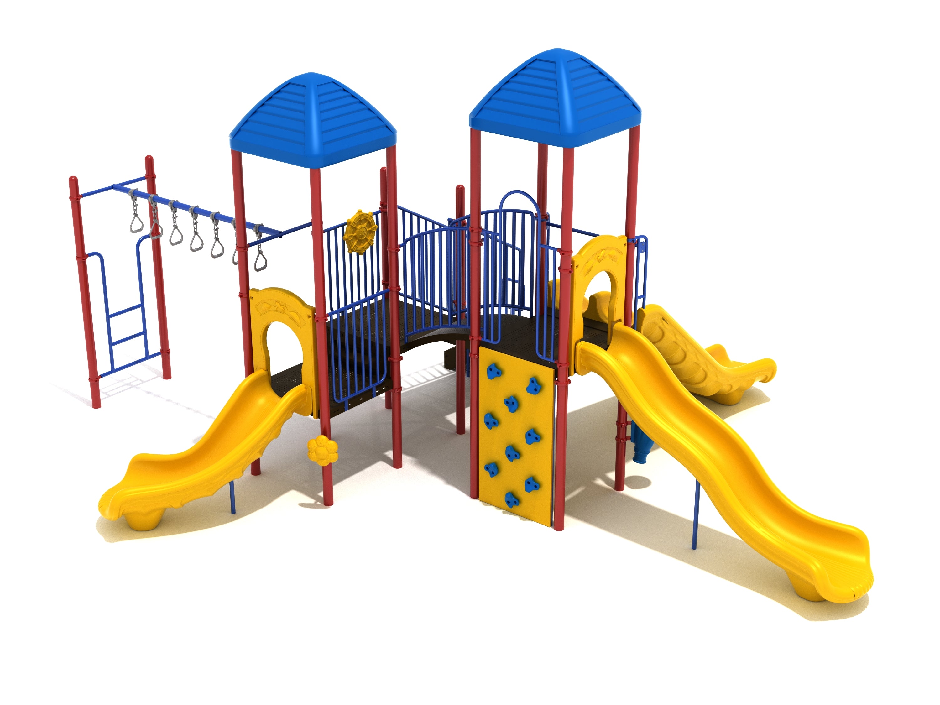 Colorful playground with two blue-roofed towers, three yellow slides, climbing wall, and overhead swinging ladder