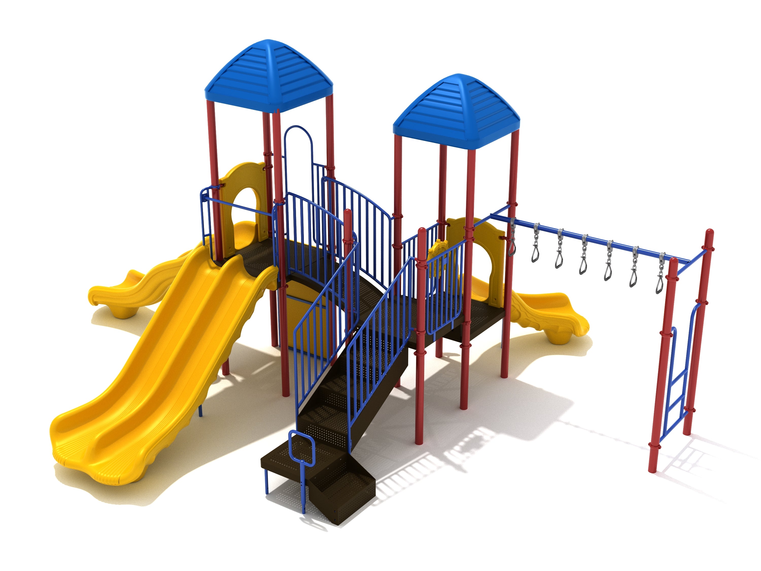 Compact playground structure with three yellow slides, blue roofs, red posts, climbing ladder, and overhead swinging ladder
