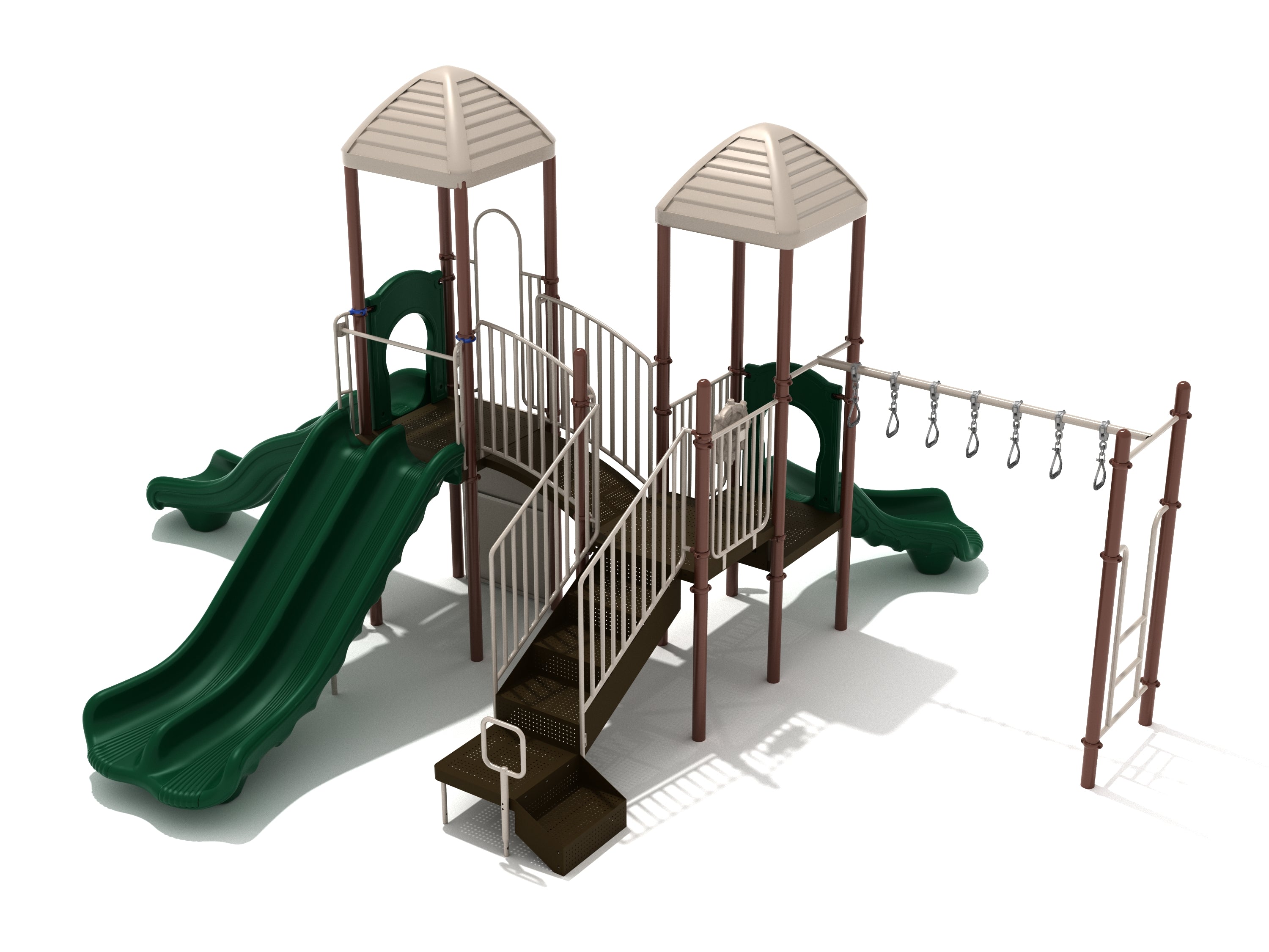 Compact playground structure with two towers, three green slides, stairs, overhead swinging ladder, and climbing wall in brown and beige colors