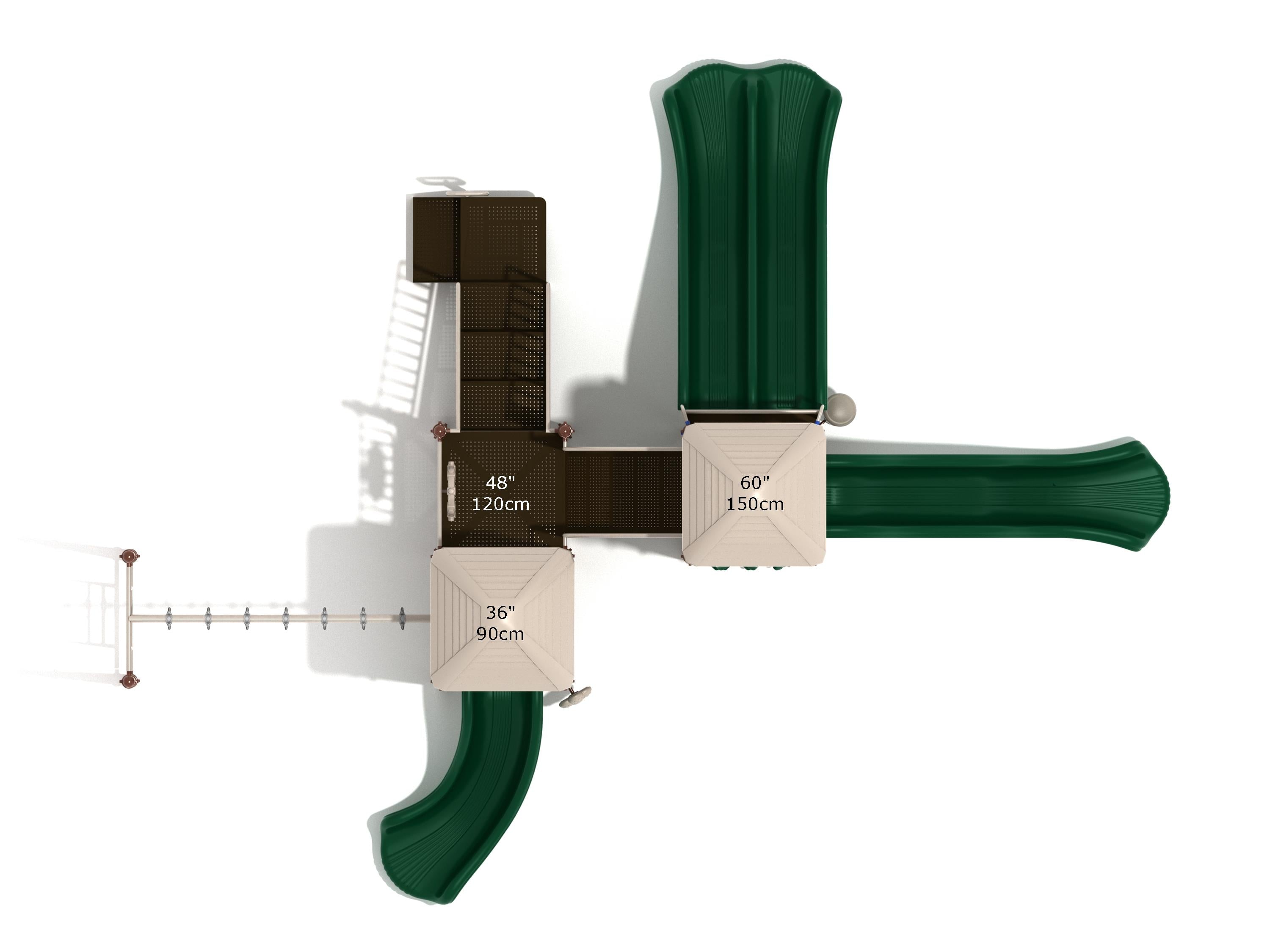 Overhead view of compact playground with three green slides, beige roofs, climbing ladder, and connected platforms