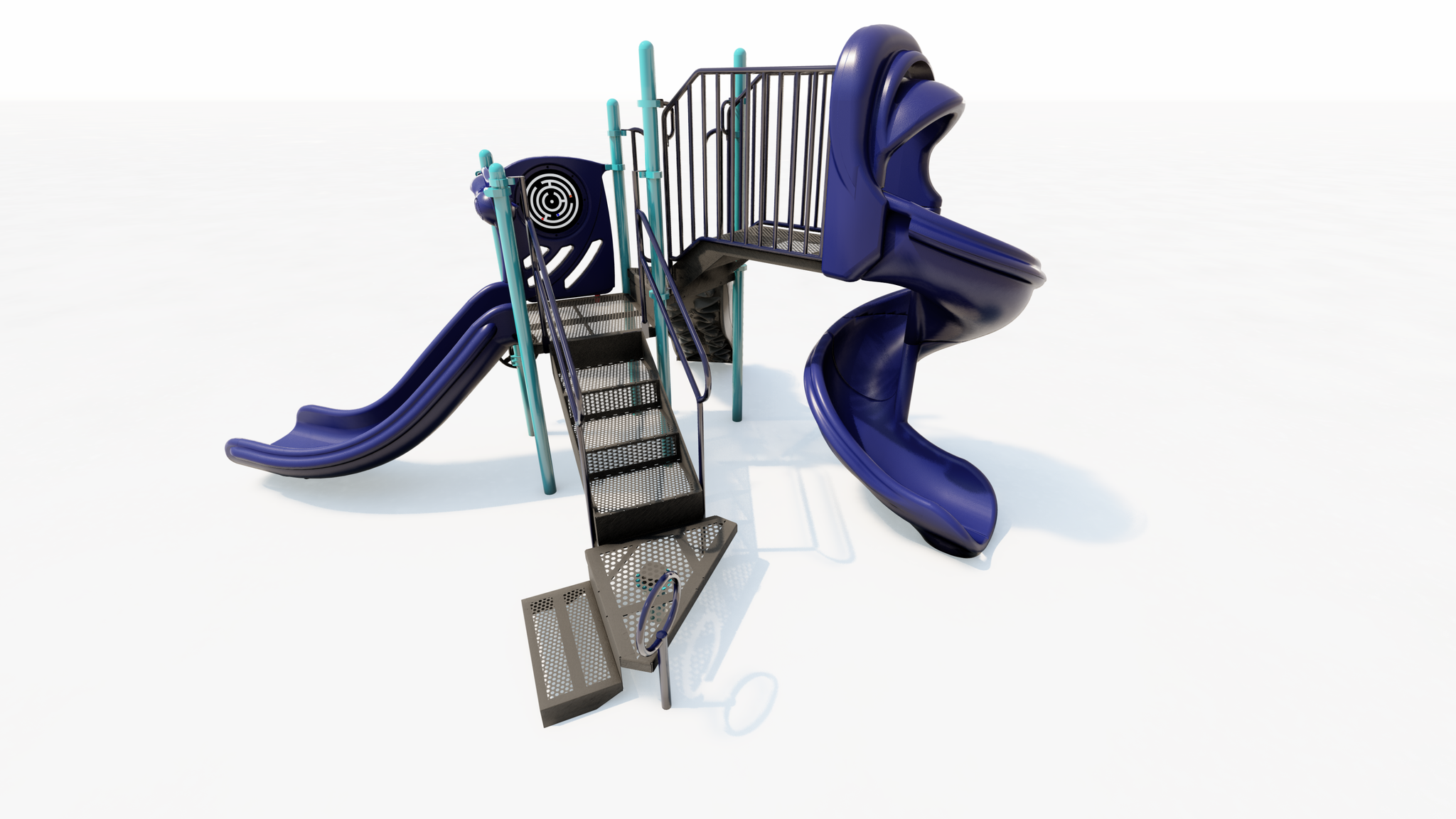 Compact playground structure with blue slides, metal stairs, and teal powder-coated steel support posts on white surface