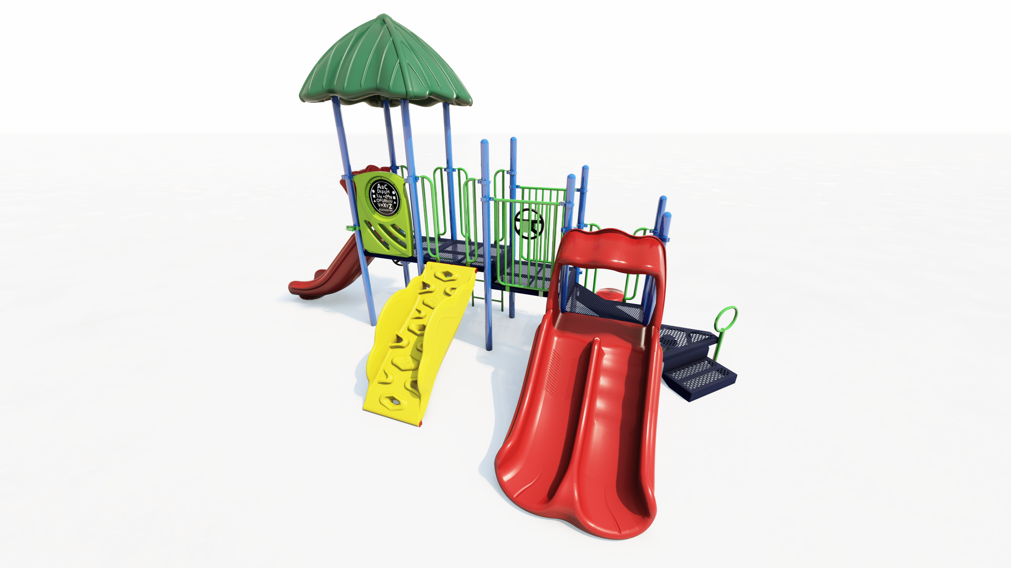 Colorful playground structure with green roof, red double slide, yellow climbing wall, and blue platforms for active play