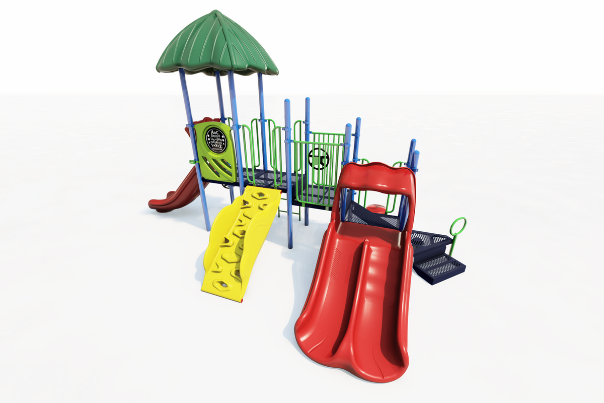 Colorful playground structure with green roof, red double slide, yellow climbing wall, and blue platforms for active play