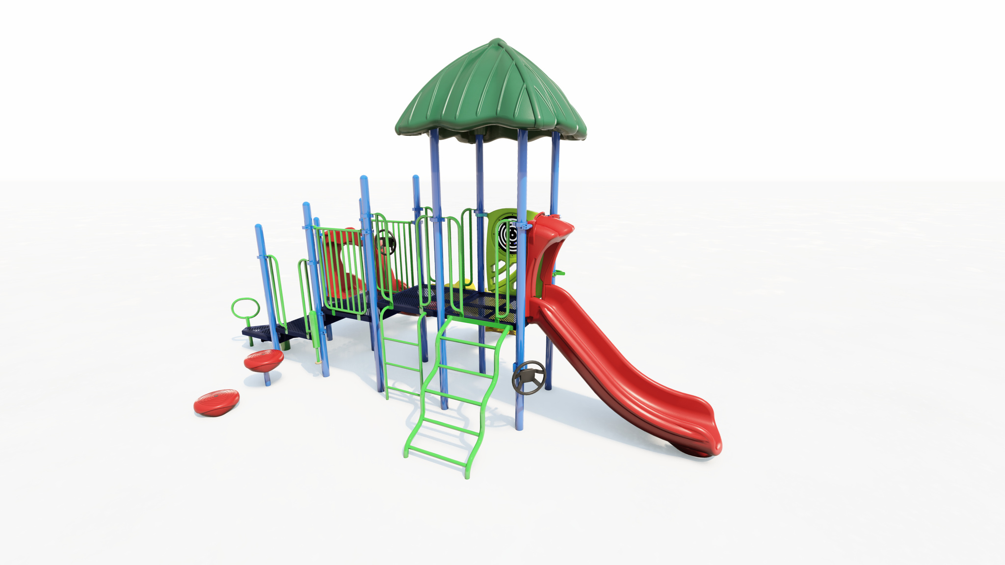 Colorful playground with green roof, red slide, blue and green climbing frames, and interactive play panels