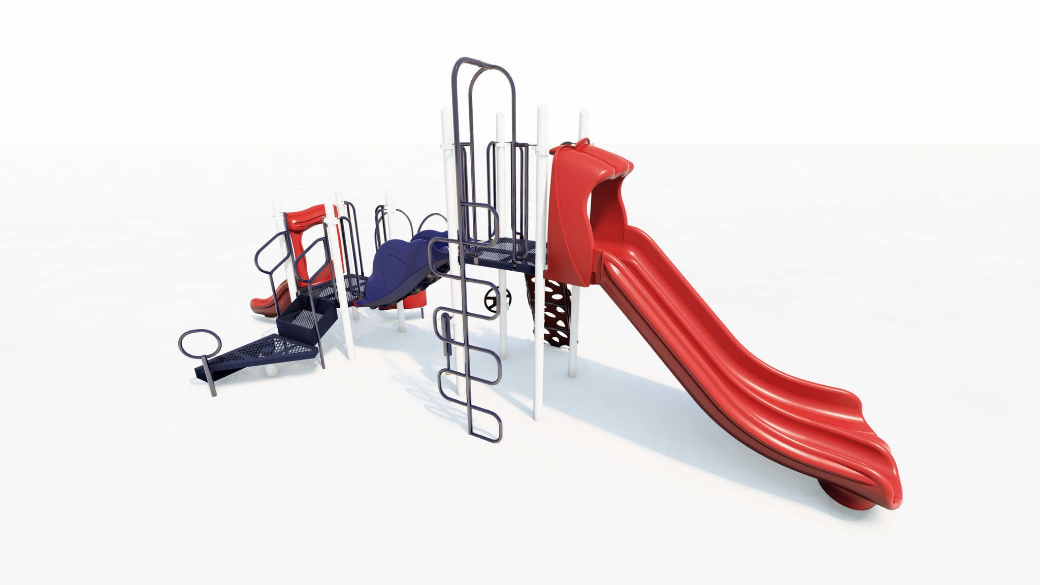 Playground with red double slides, blue climbing platforms, and white steel support posts on a flat surface