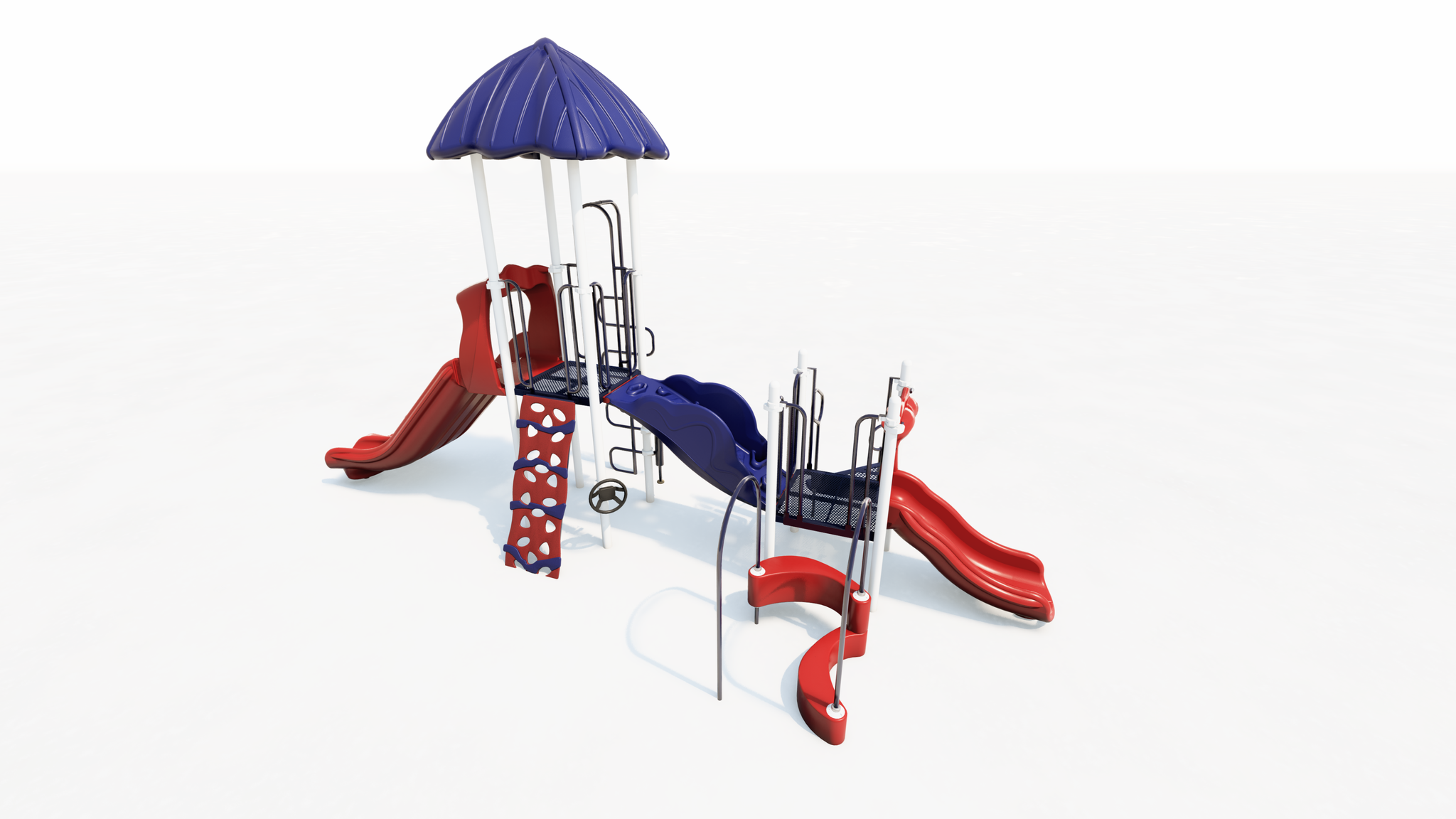 Colorful playground structure with red and blue slides, climbing wall, and shaded platform for active children's play