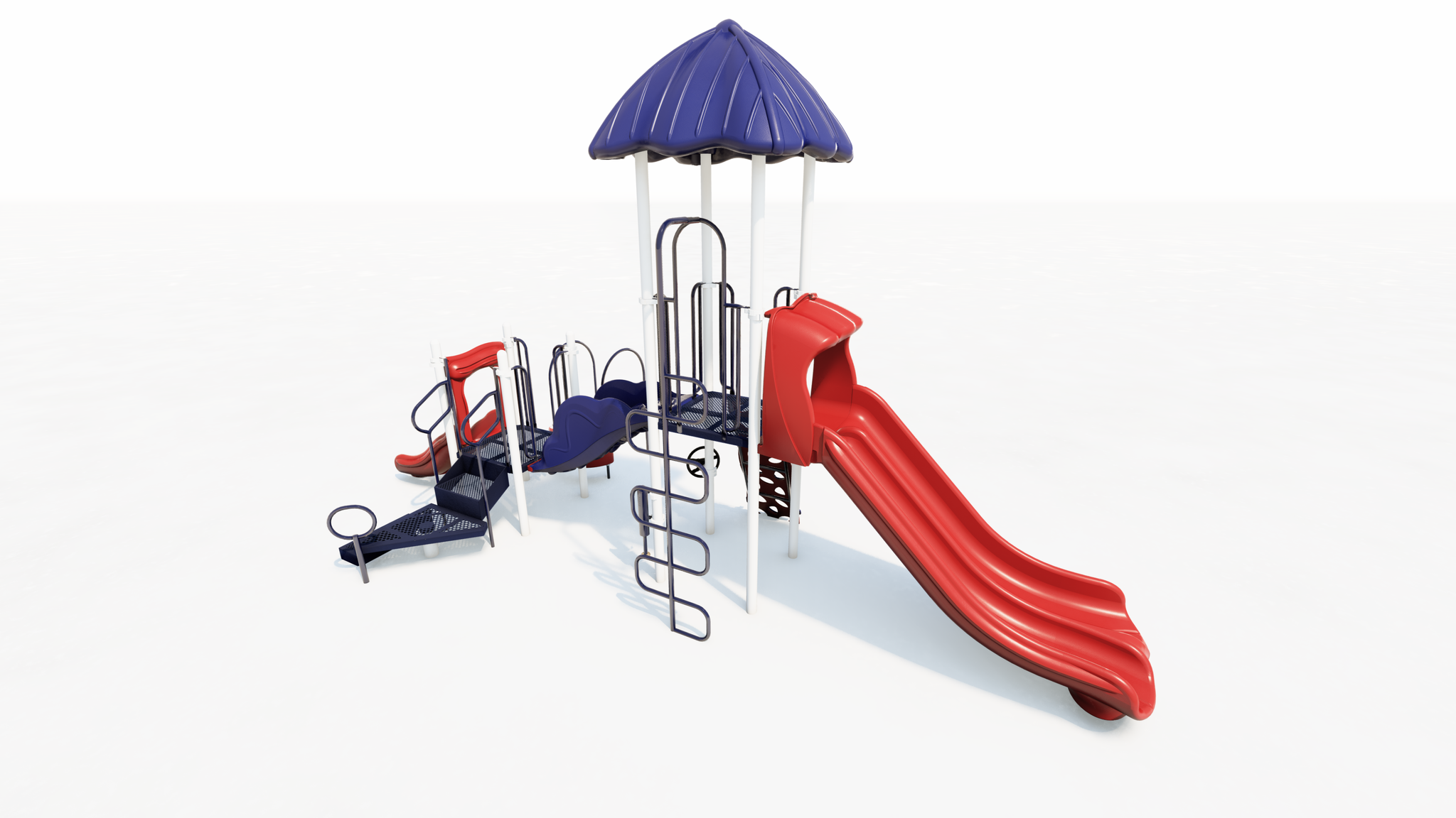 Outdoor playground structure with red double slide, blue climbing elements, and blue peaked roof on sturdy steel posts
