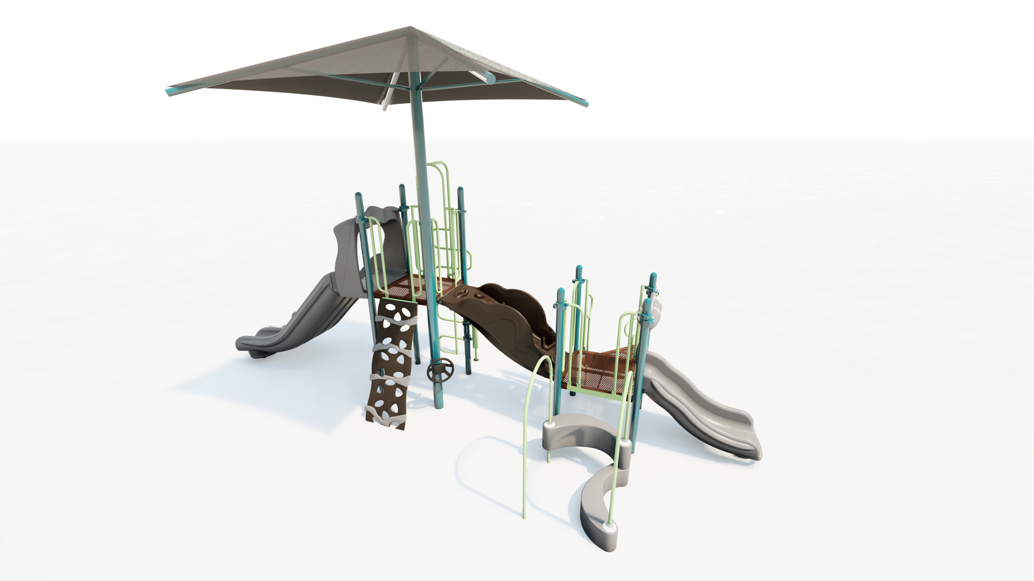 Playground with slides, climbing walls, shaded canopy, and interactive panels in muted earth tones