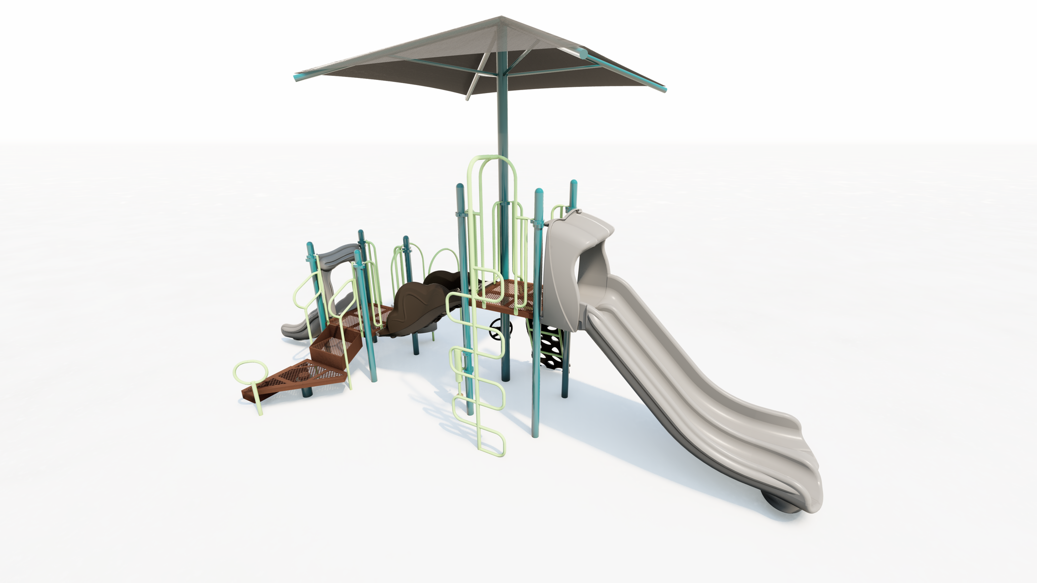 Outdoor playground structure with dual slides, climbing ladders, platforms, and large shade canopy in vibrant custom colors