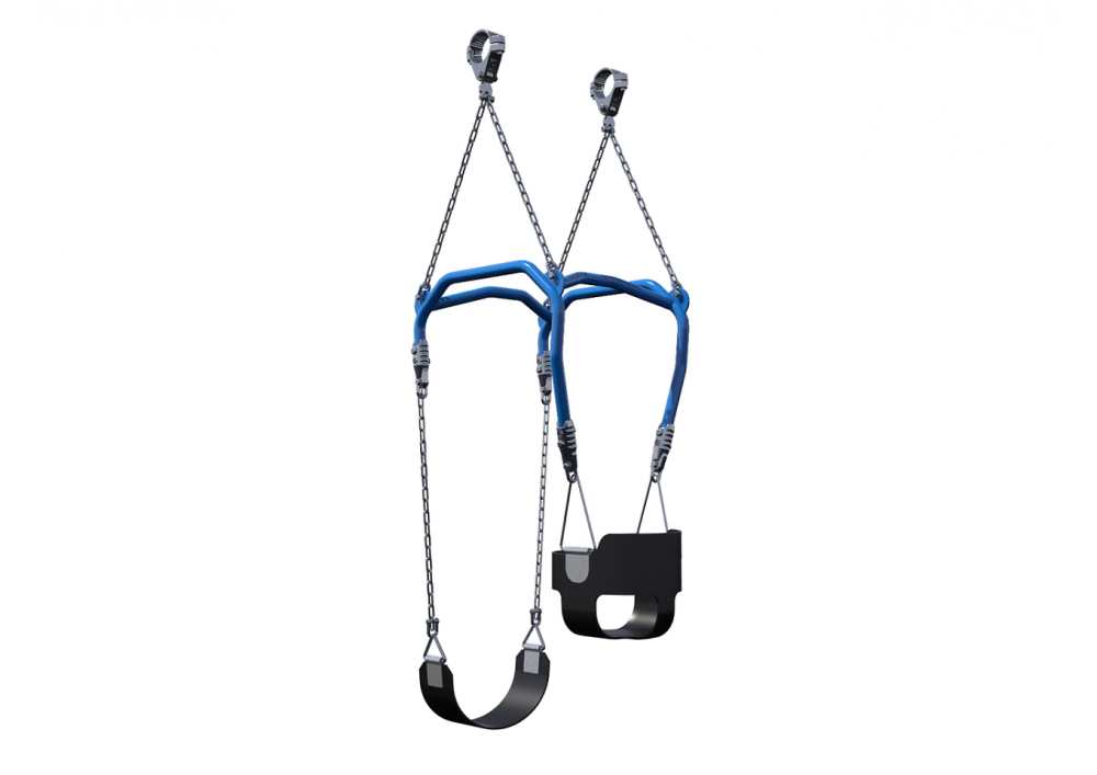 See Me Intergenerational Swing with toddler bucket seat and belt seat on blue steel frame, chain suspension for parent-child swinging