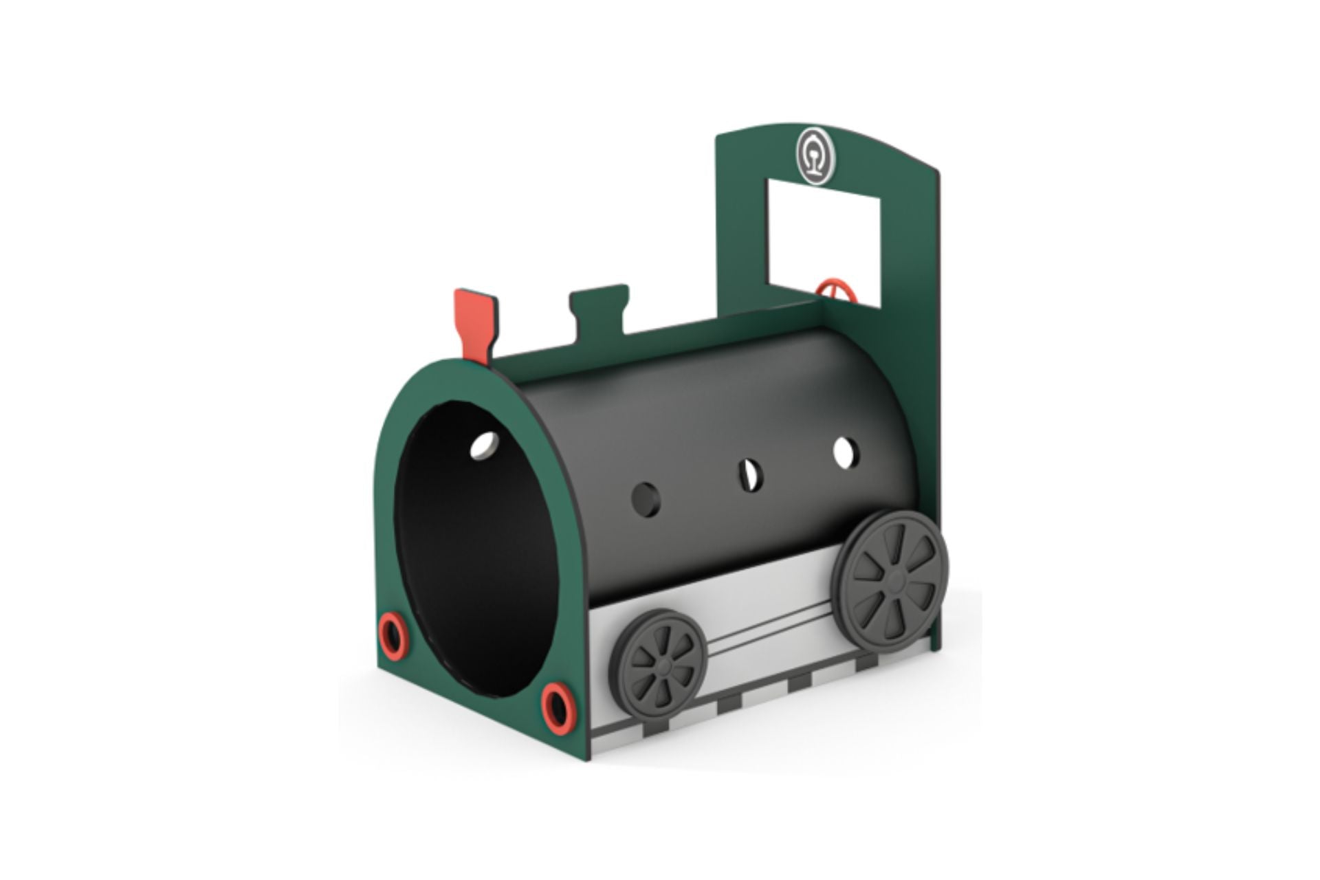 Train Crawl Tunnel-Engine with green and black engine design, circular tunnel opening, and decorative wheels for imaginative play