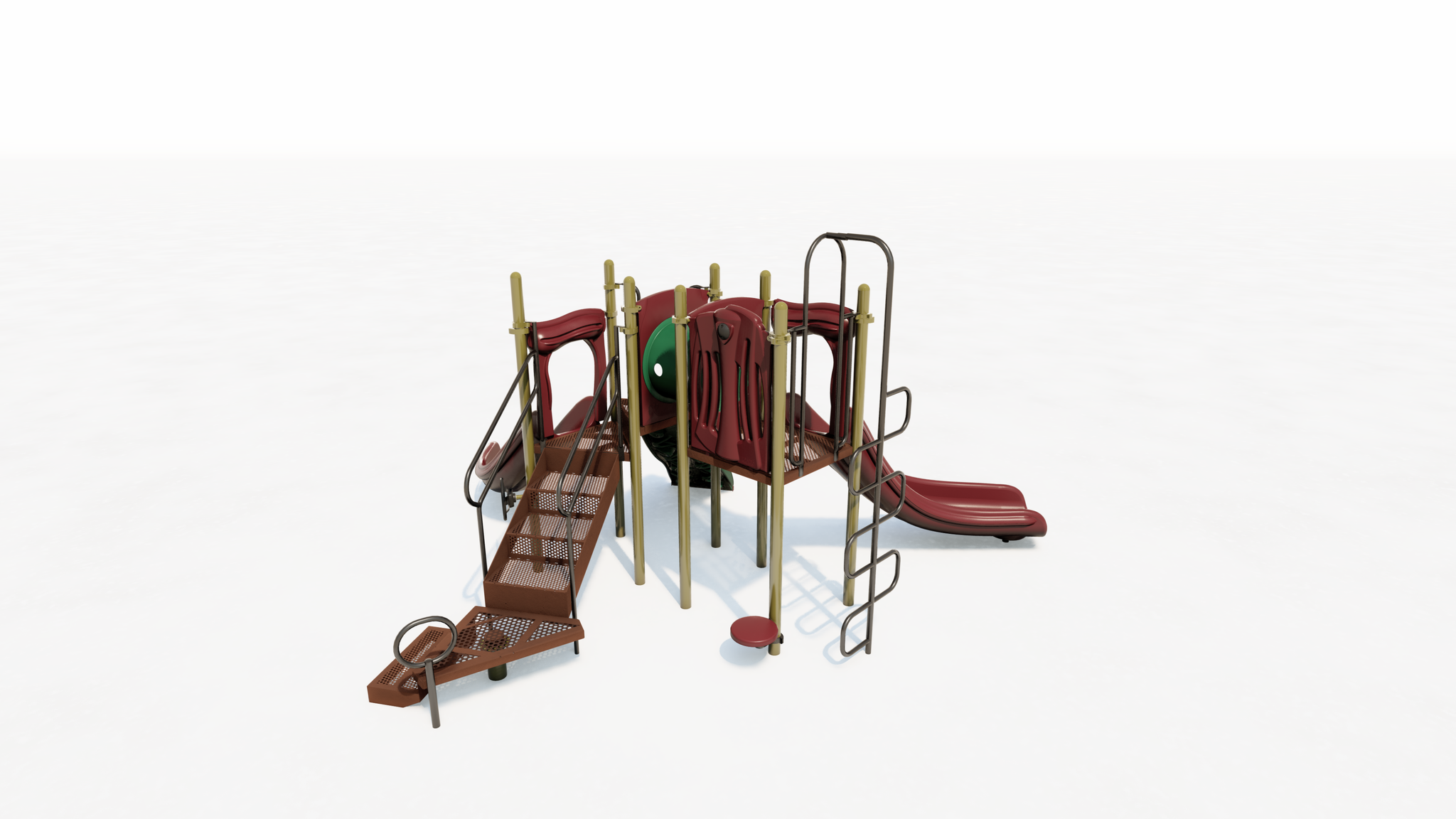 Elevated playground structure with curved slides, climbers, sensory panel, and play wheel in earth tones