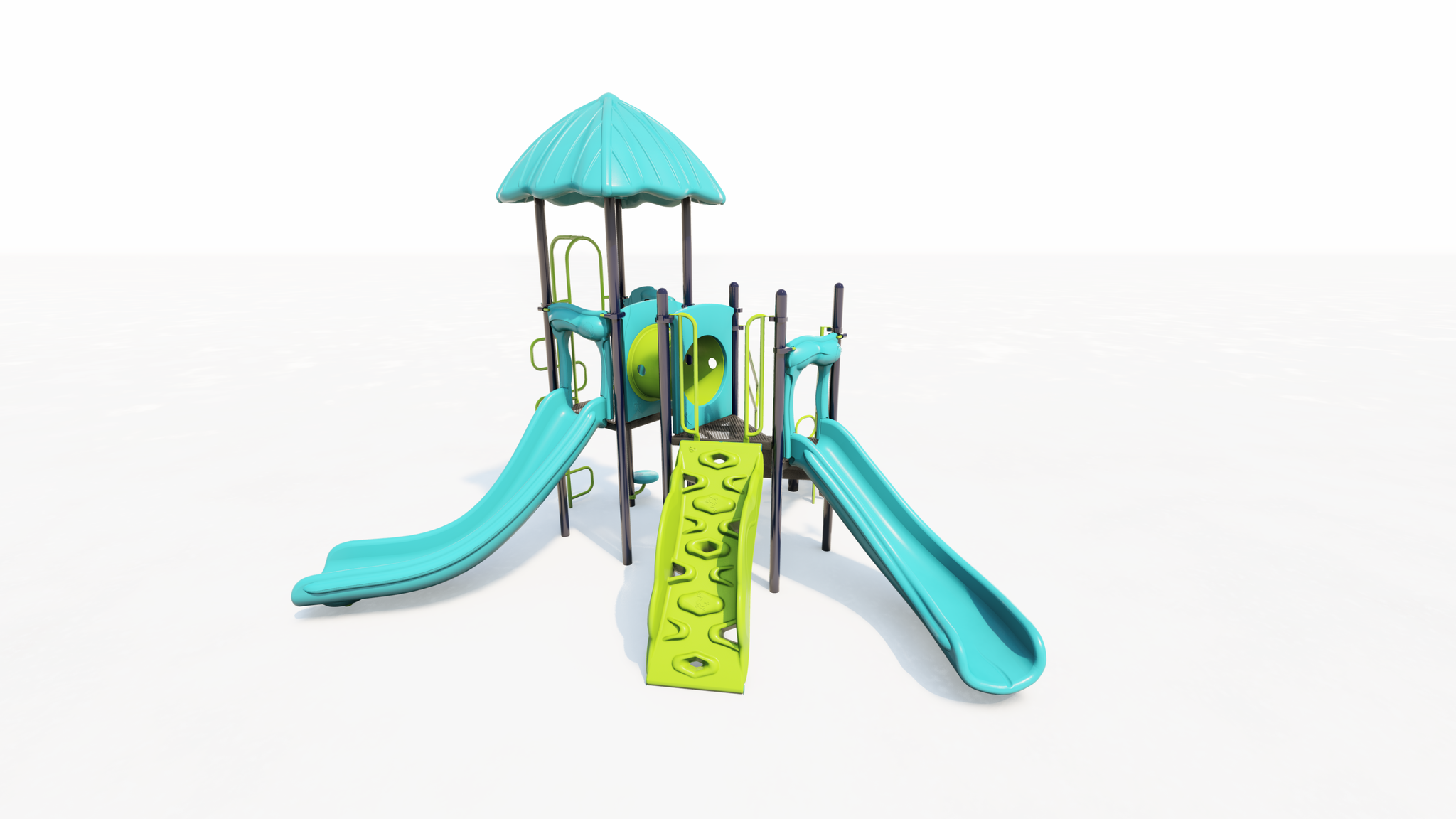 Compact playground structure with two blue slides, green climbing wall, crawl tunnel, and shaded roof