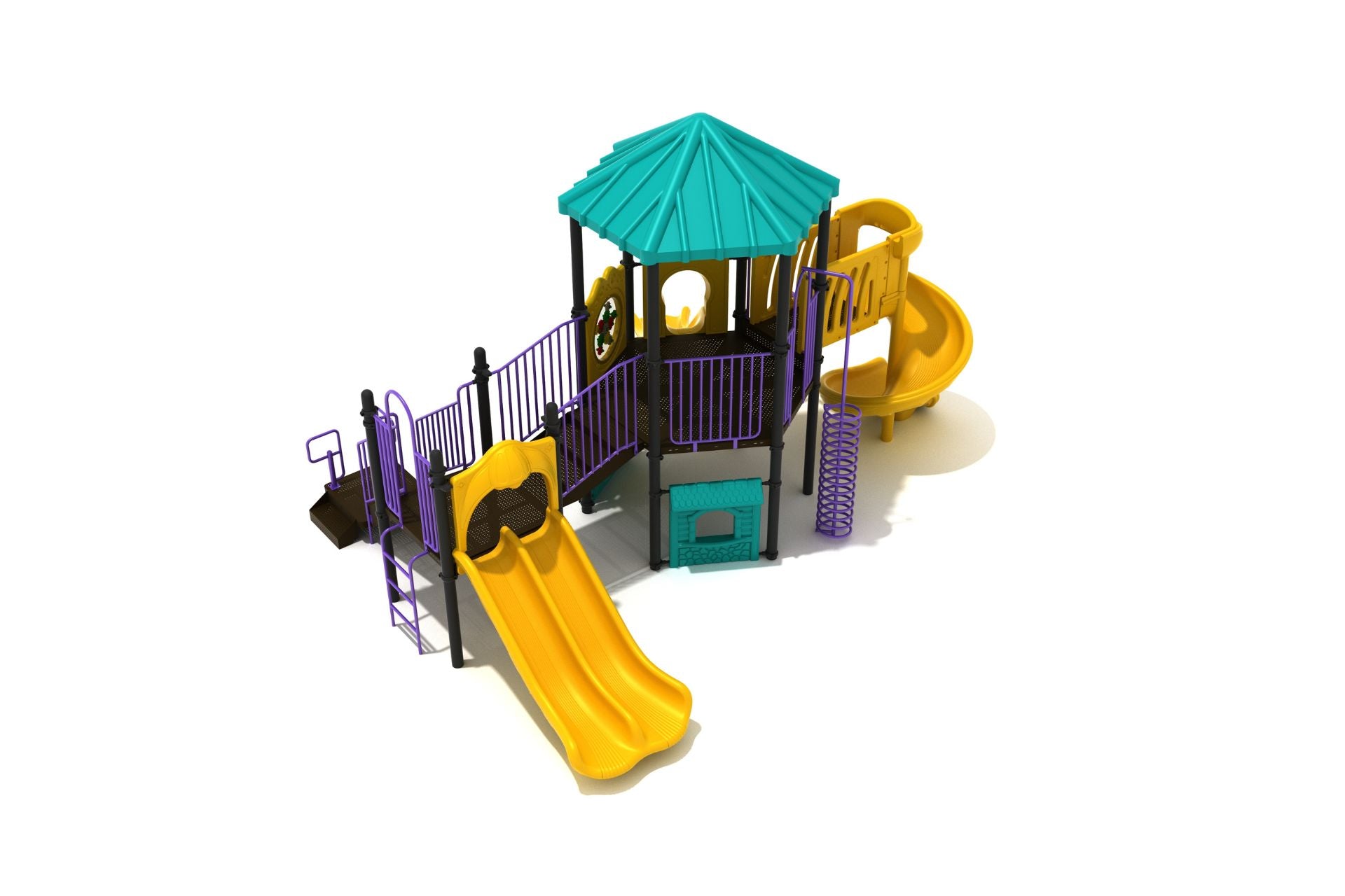 Sanford Playground large play system with elevated hexagonal pavilion, double yellow slides, spiral climber, purple railings, and ADA-compliant panels