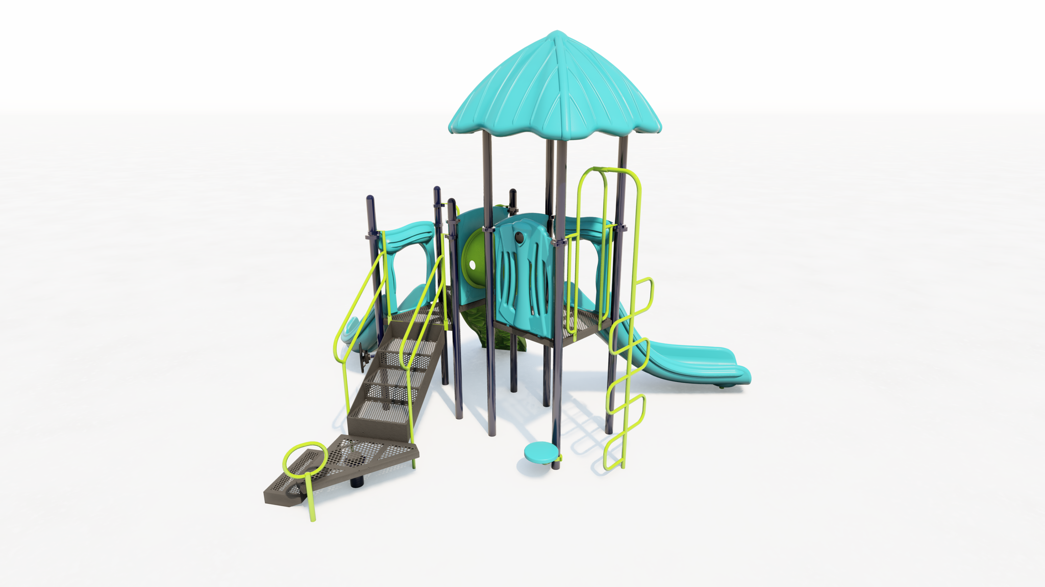 Compact playground structure with teal roof, curved slide, climbing ladder, and lime-gray sensory play panels.