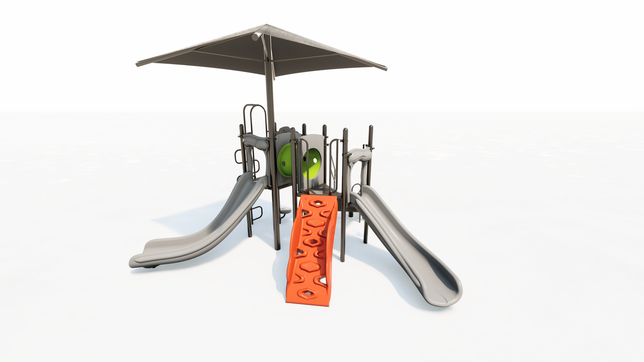 Playground with two gray slides, orange climbing wall, green crawl tunnel, and overhead shade canopy