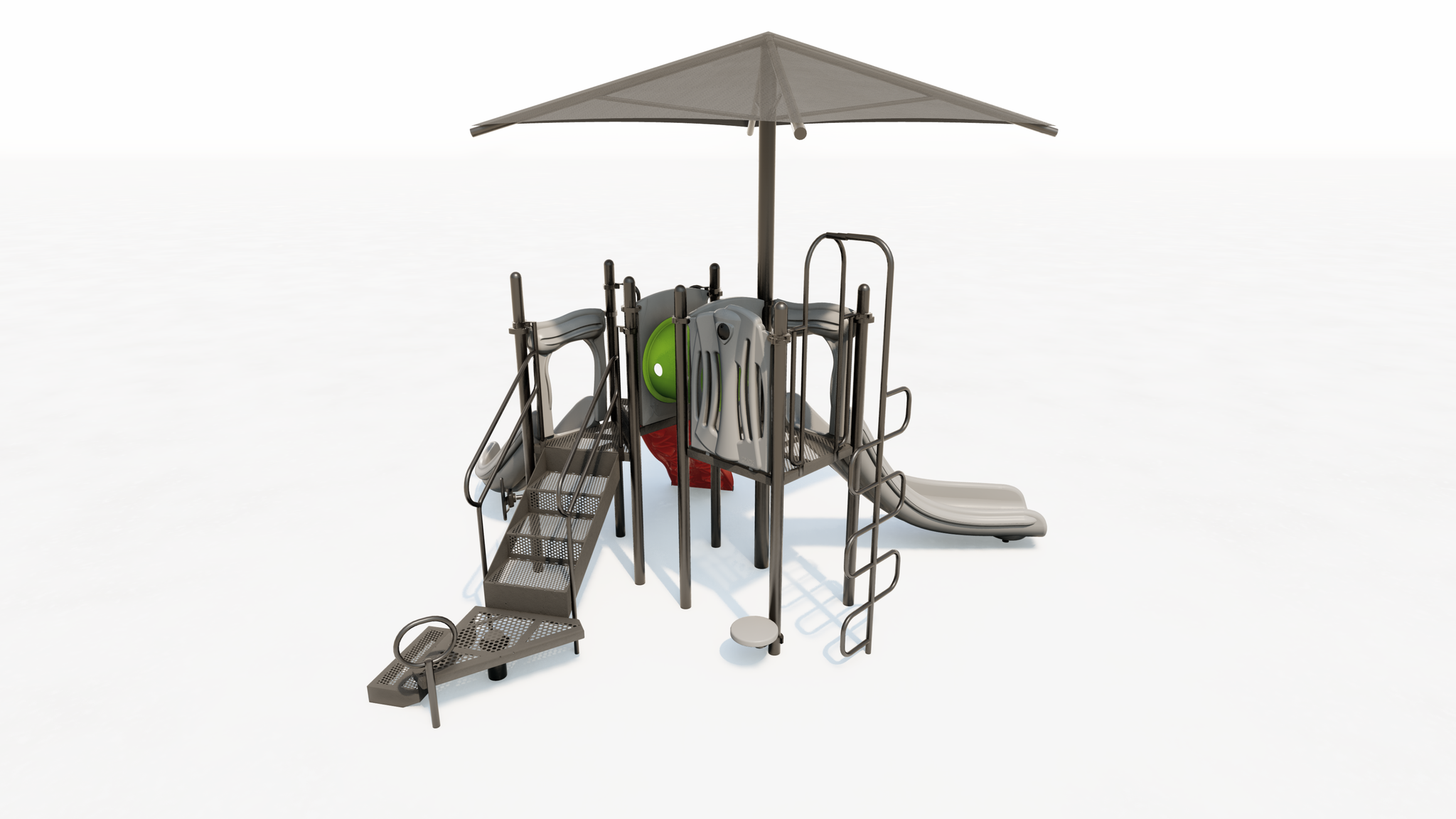 Compact playground structure with slides, climbers, sensory panel, crawl tunnel, and overhead shade canopy