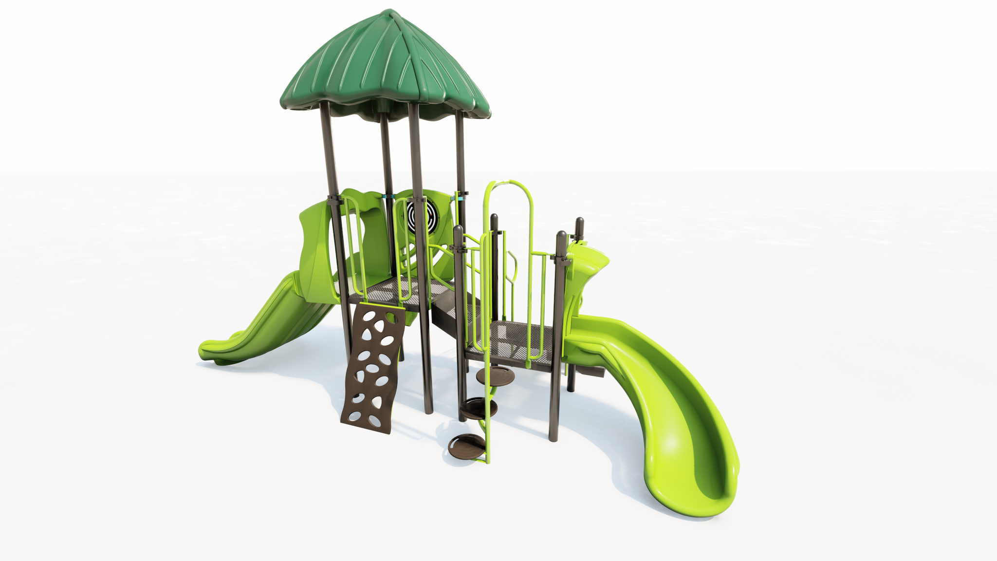 Compact green playground with two slides, climbing wall, spiral steps, roof, and sensory panel for active play.